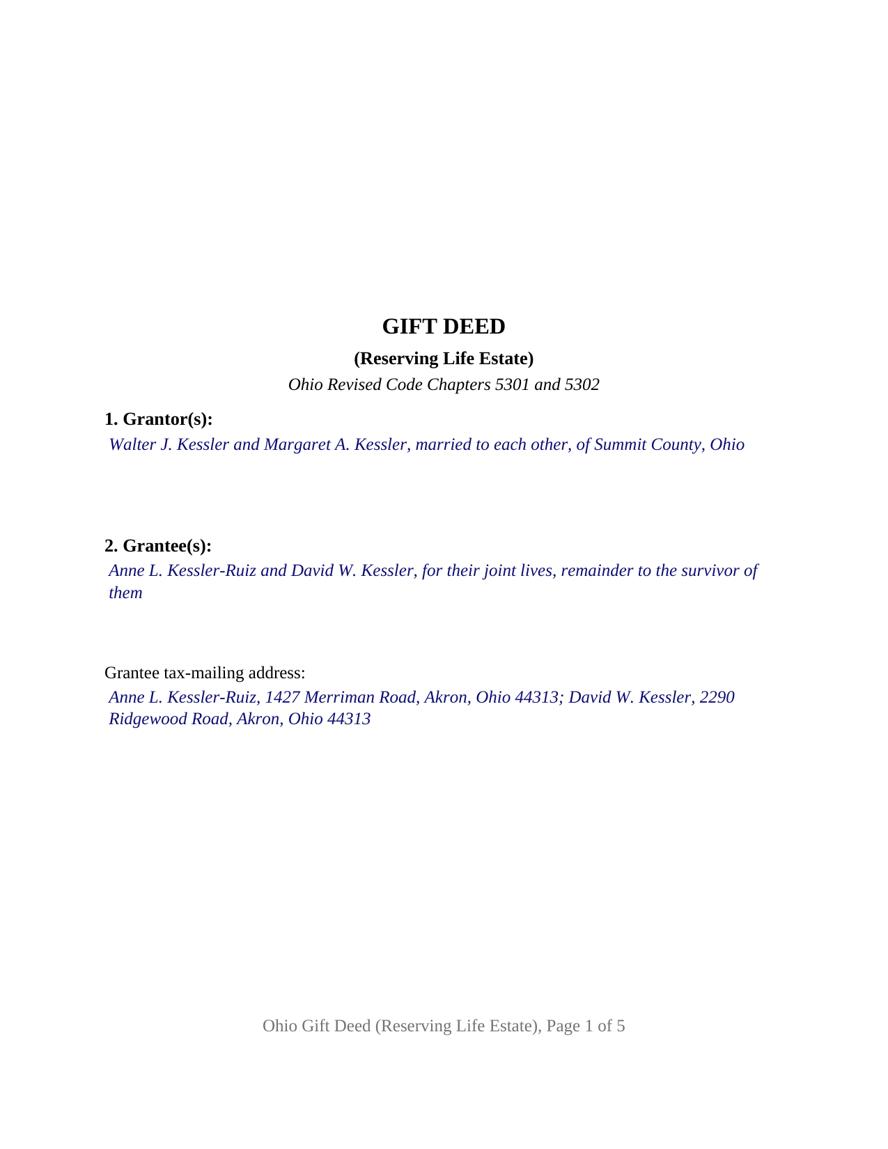 Muskingum County Completed Example of the Gift Deed (Reserving Life Estate) Document