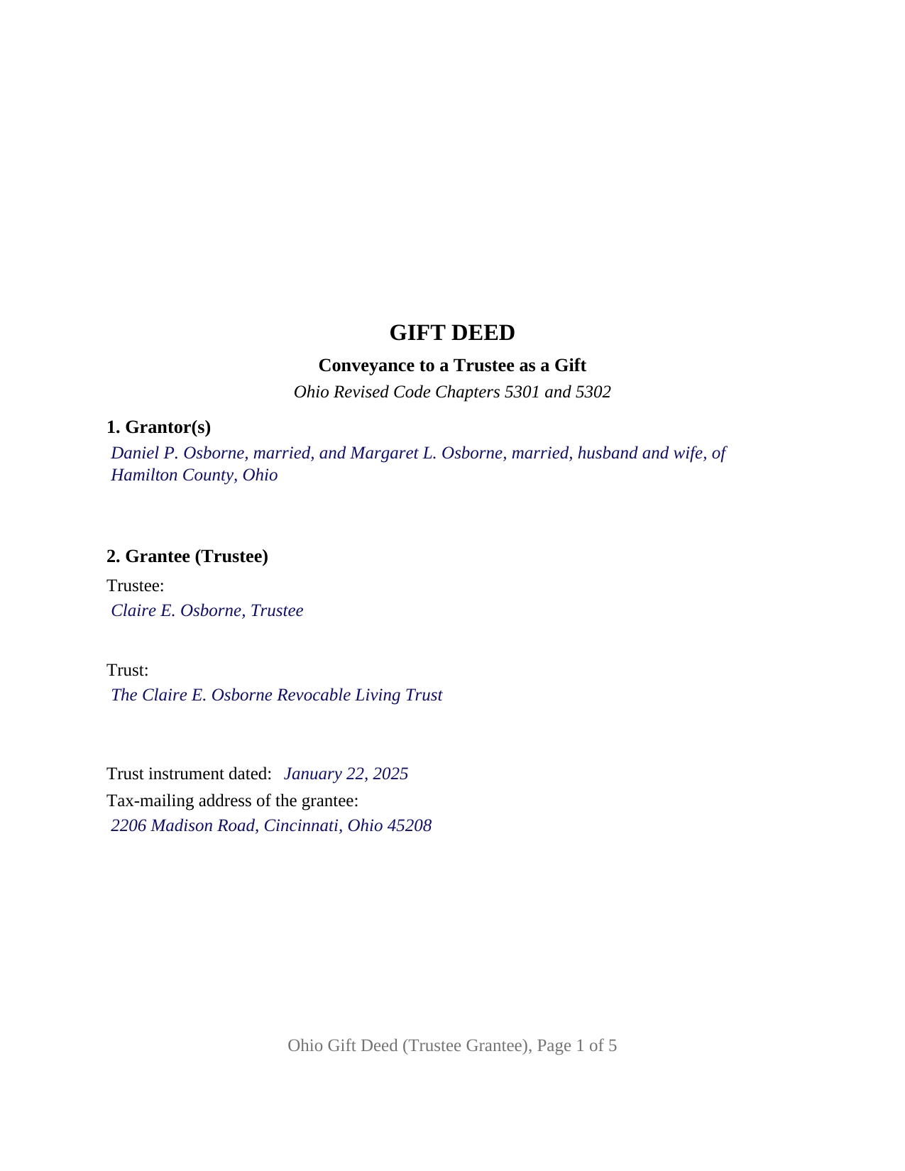 Scioto County Completed Example of the Gift Deed (Trustee Grantee) Document