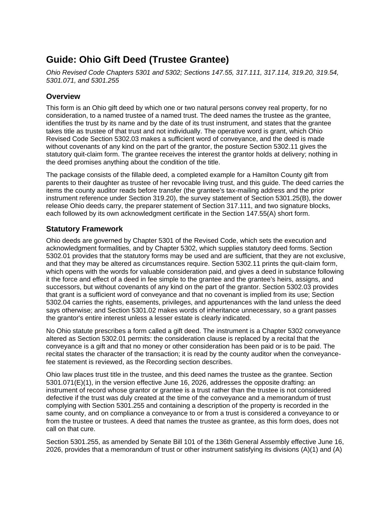 Scioto County Gift Deed (Trustee Grantee) Guide