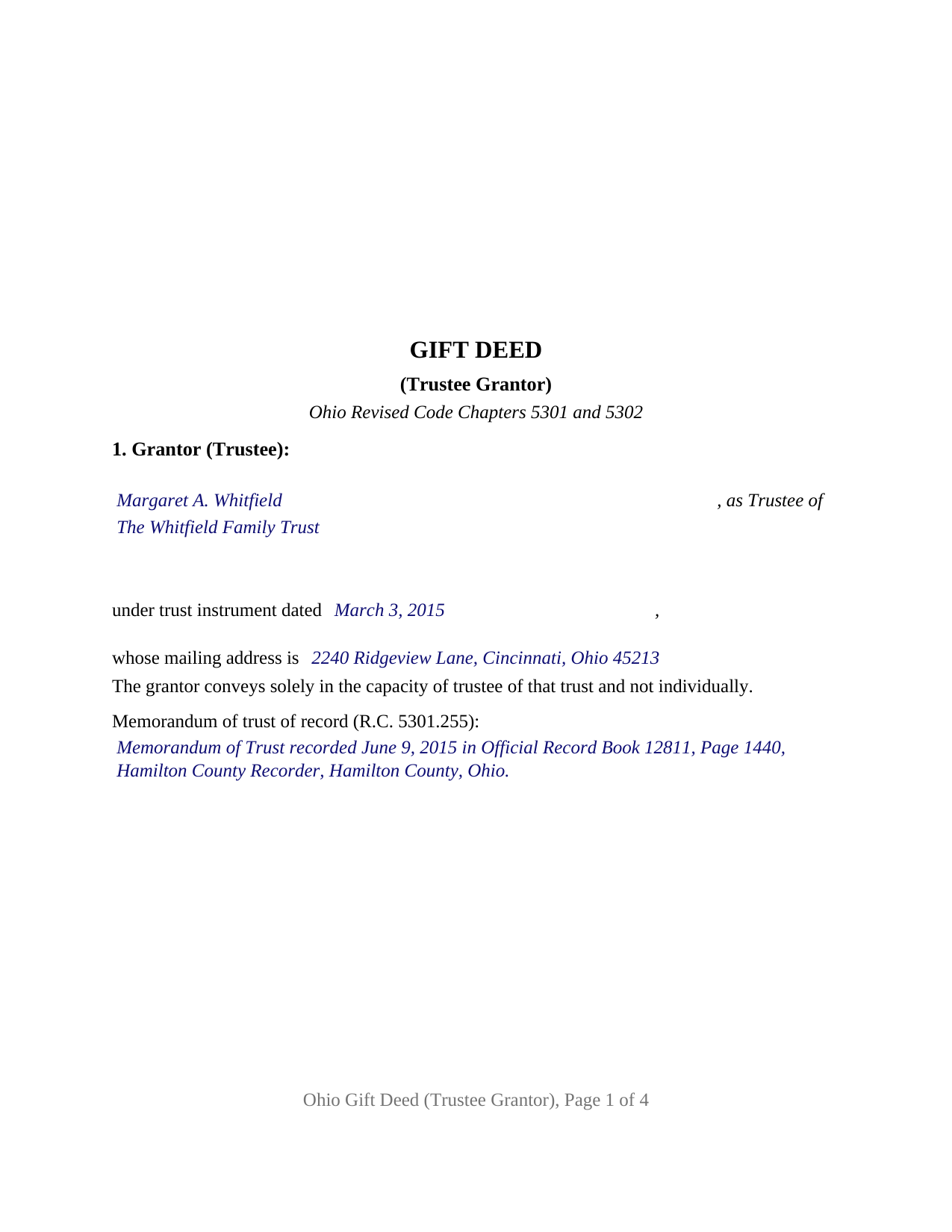 Scioto County Completed Example of the Gift Deed (Trustee Grantor) Document
