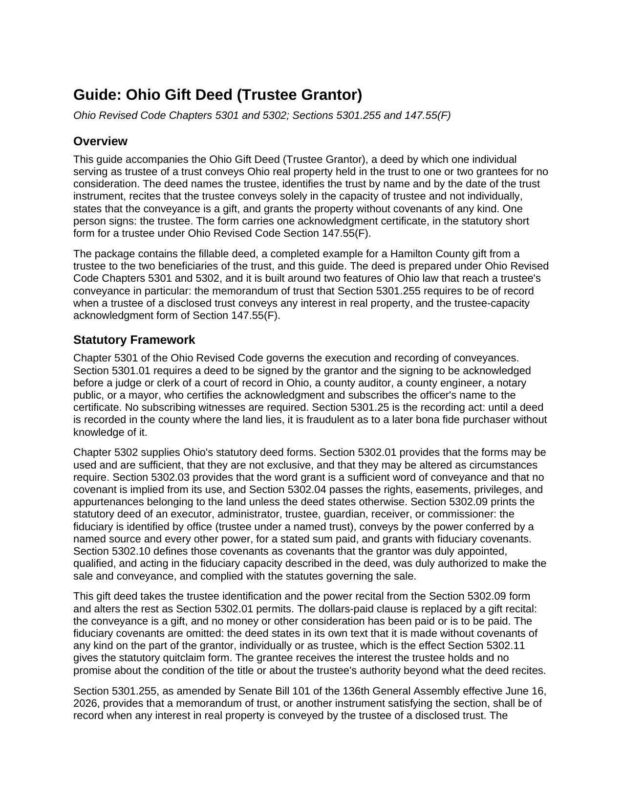 Scioto County Gift Deed (Trustee Grantor) Guide