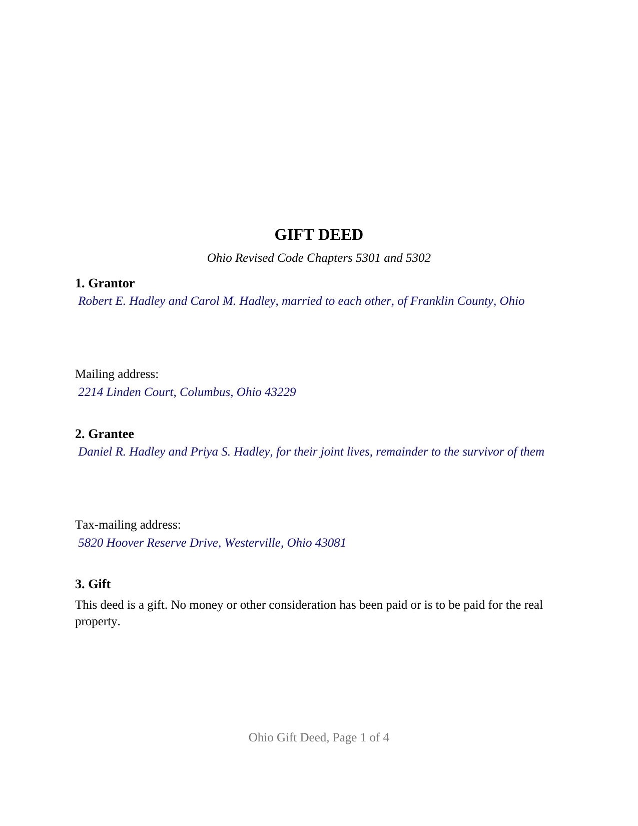 Ashtabula County Completed Example of the Gift Deed Document