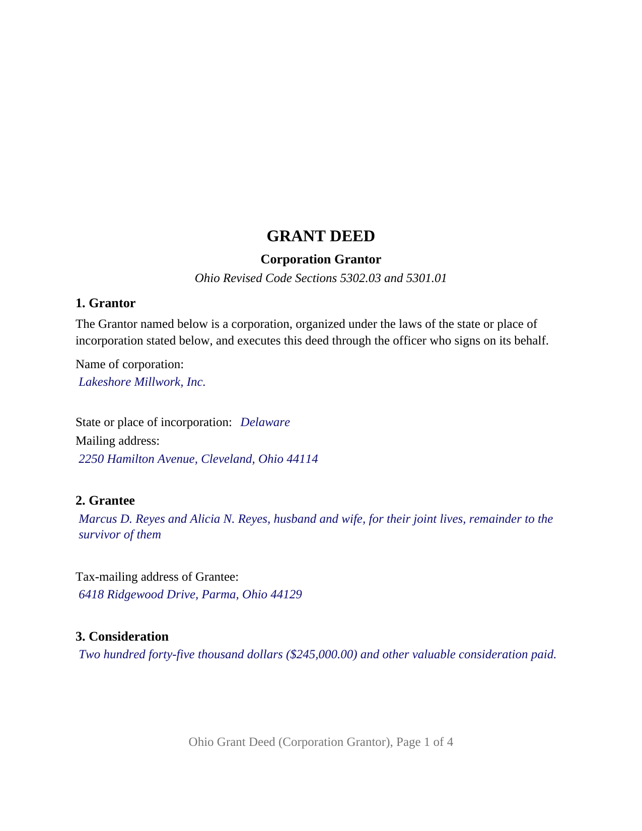 Clark County Completed Example of the Grant Deed (Corporation Grantor) Document