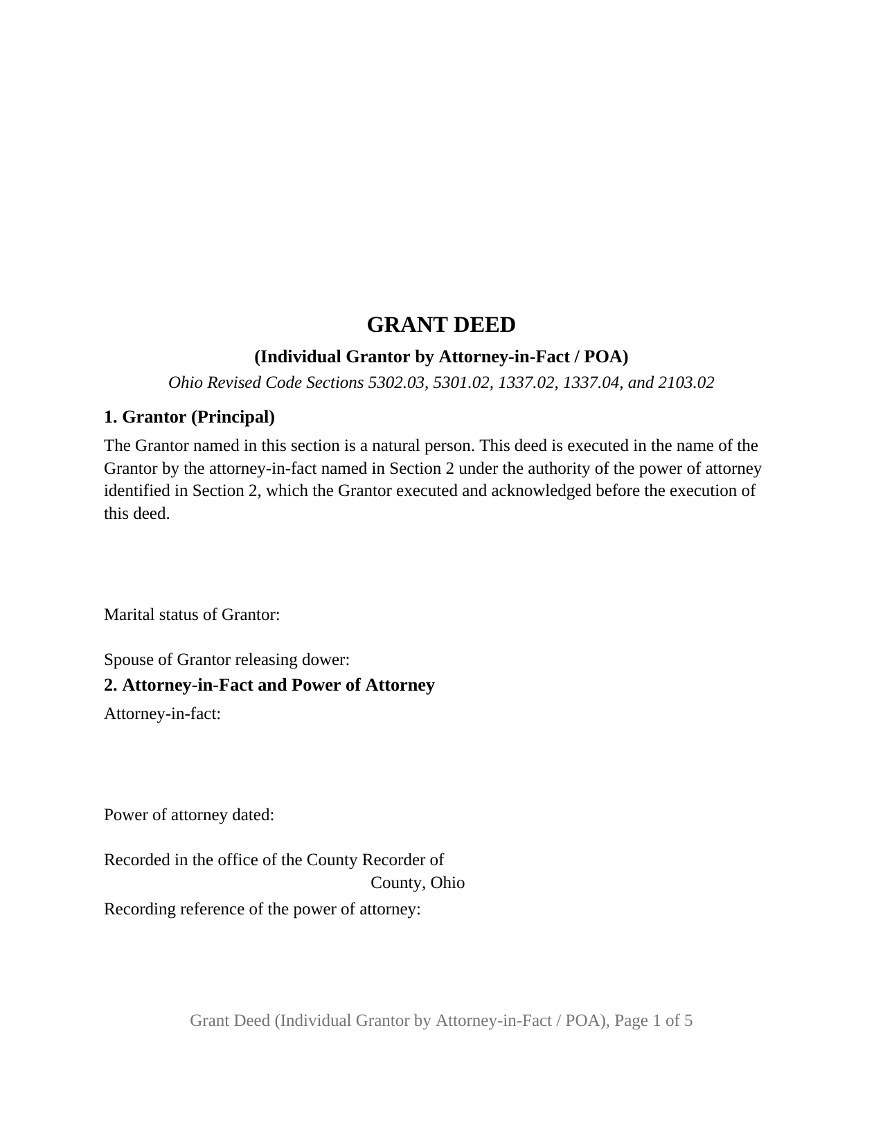 Greene County Grant Deed (Individual Grantor by Attorney-in-Fact or POA) Form