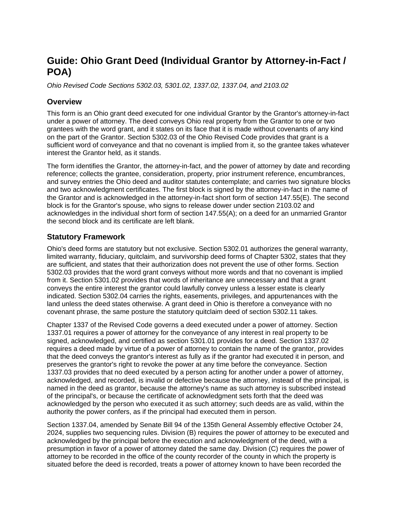 Greene County Grant Deed (Individual Grantor by Attorney-in-Fact or POA) Guide