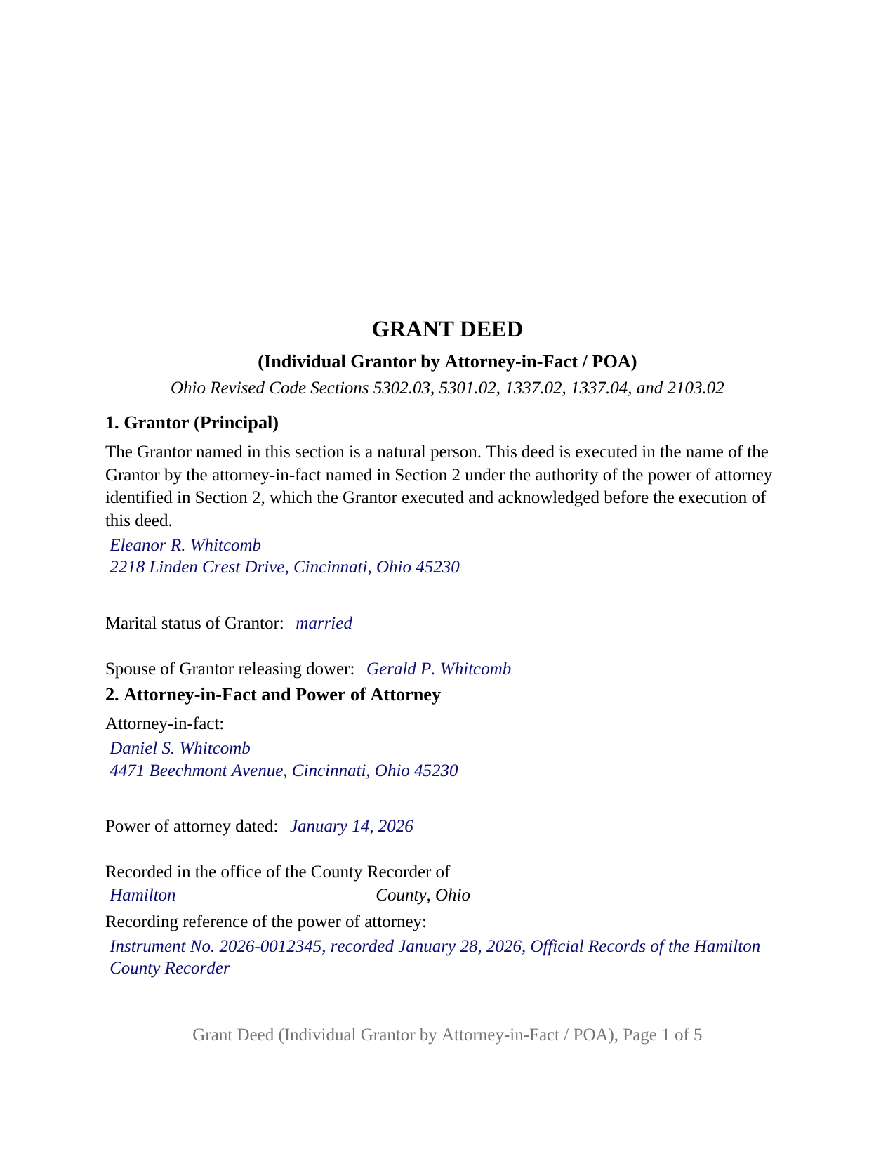 Greene County Completed Example of the Grant Deed (Individual Grantor by Attorney-in-Fact or POA) Document