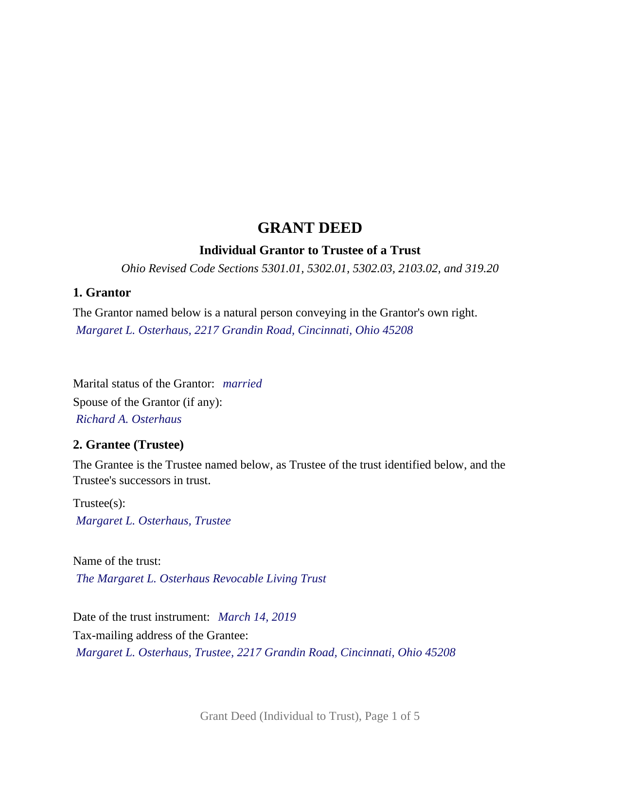 Clark County Completed Example of the Grant Deed (Individual to Trust) Document