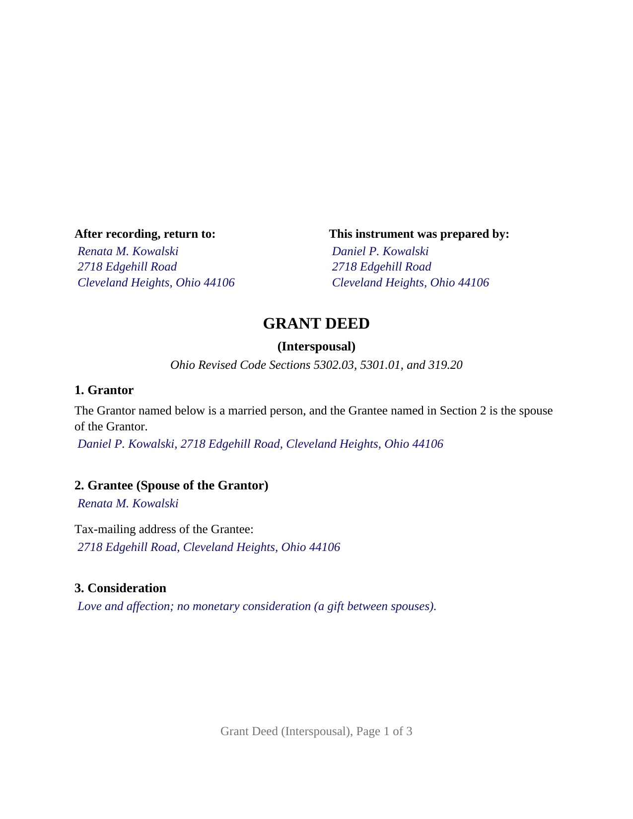Clark County Completed Example of the Grant Deed (Interspousal) Document