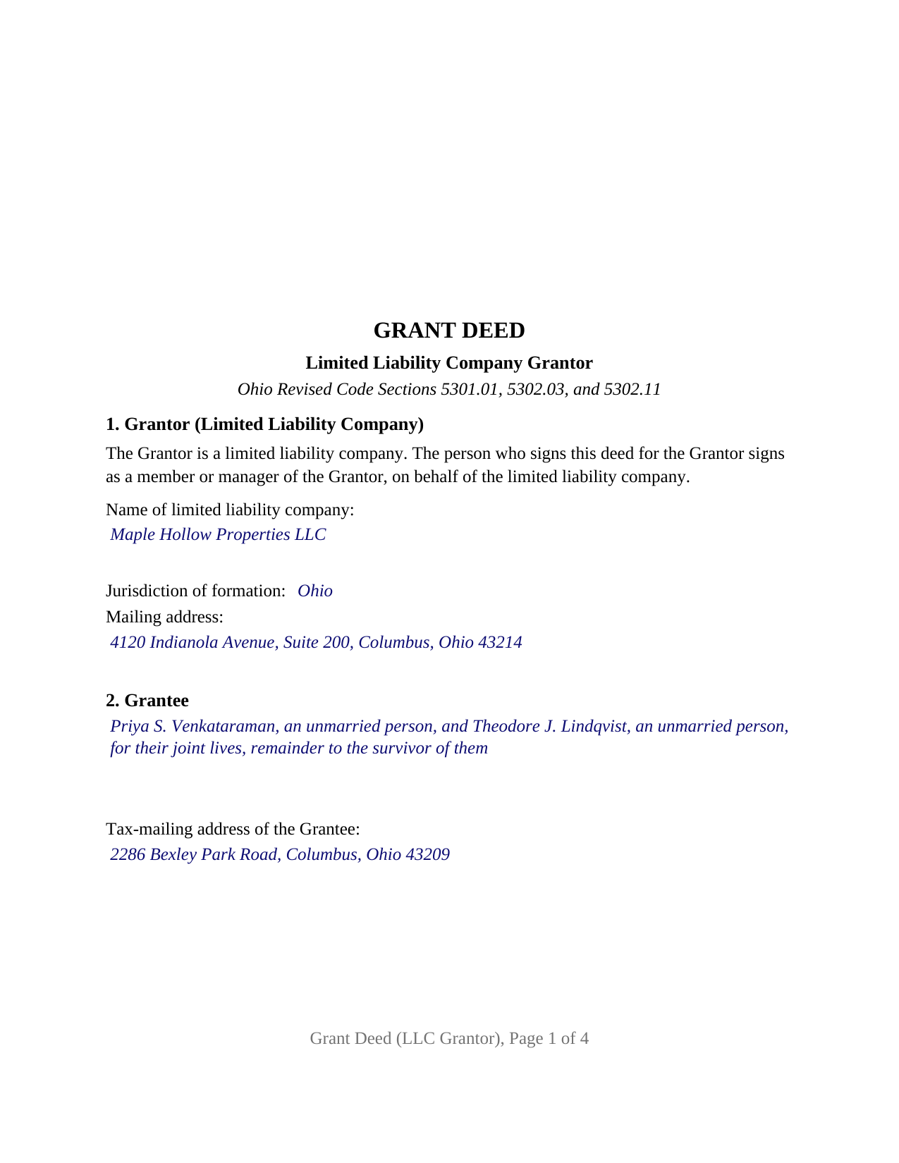 Clark County Completed Example of the Grant Deed (LLC Grantor) Document