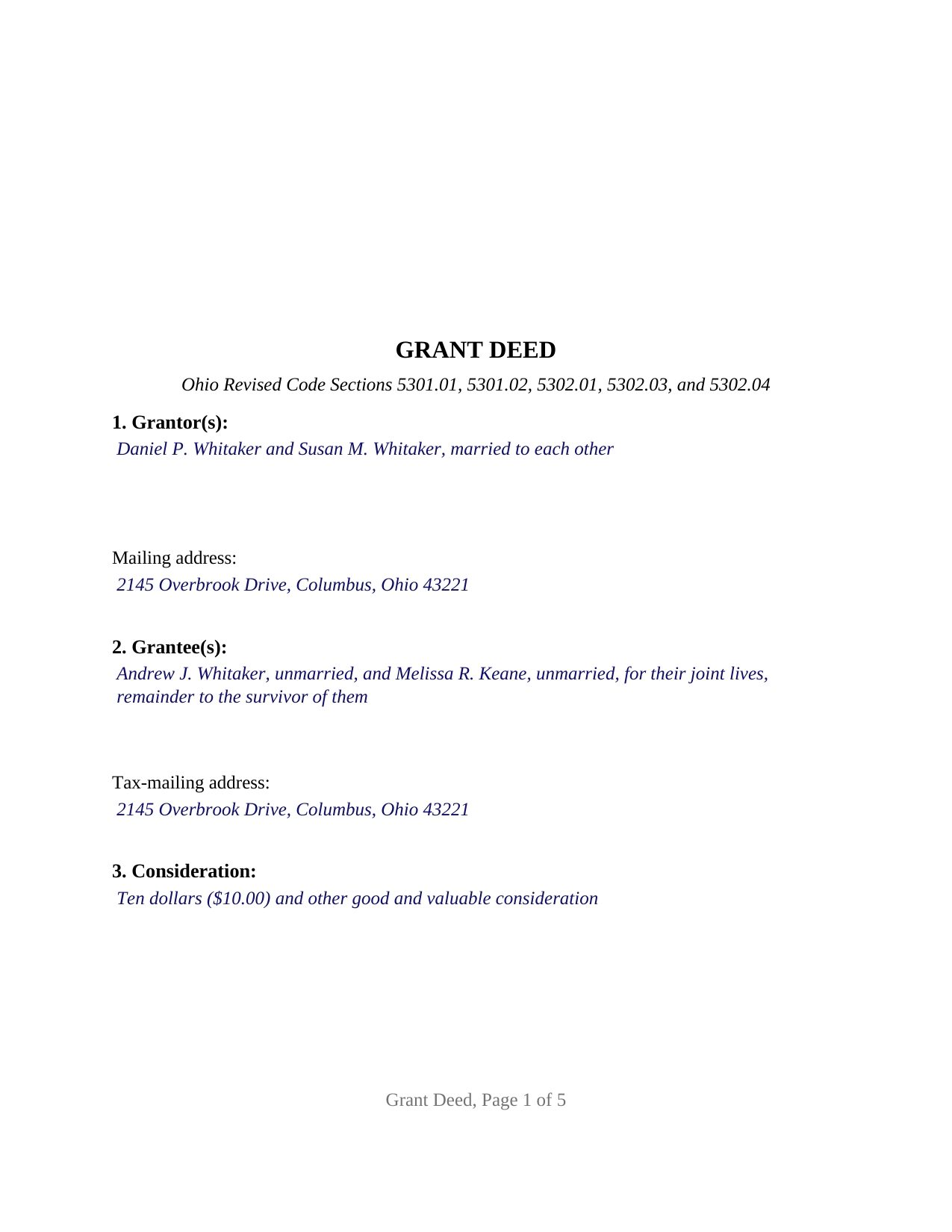 Guernsey County Completed Example of the Grant Deed Document