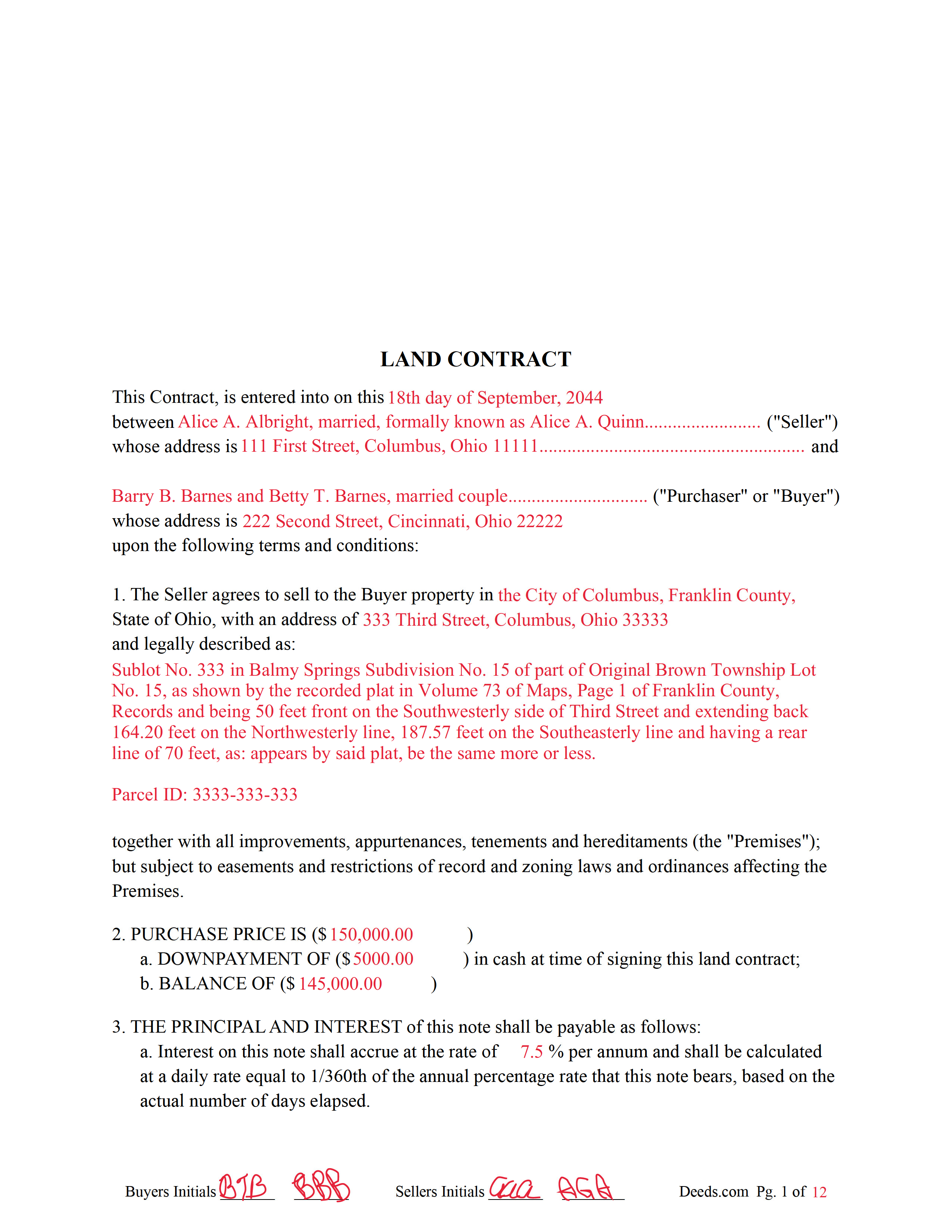Guernsey County Completed Example of the Land Contract Document