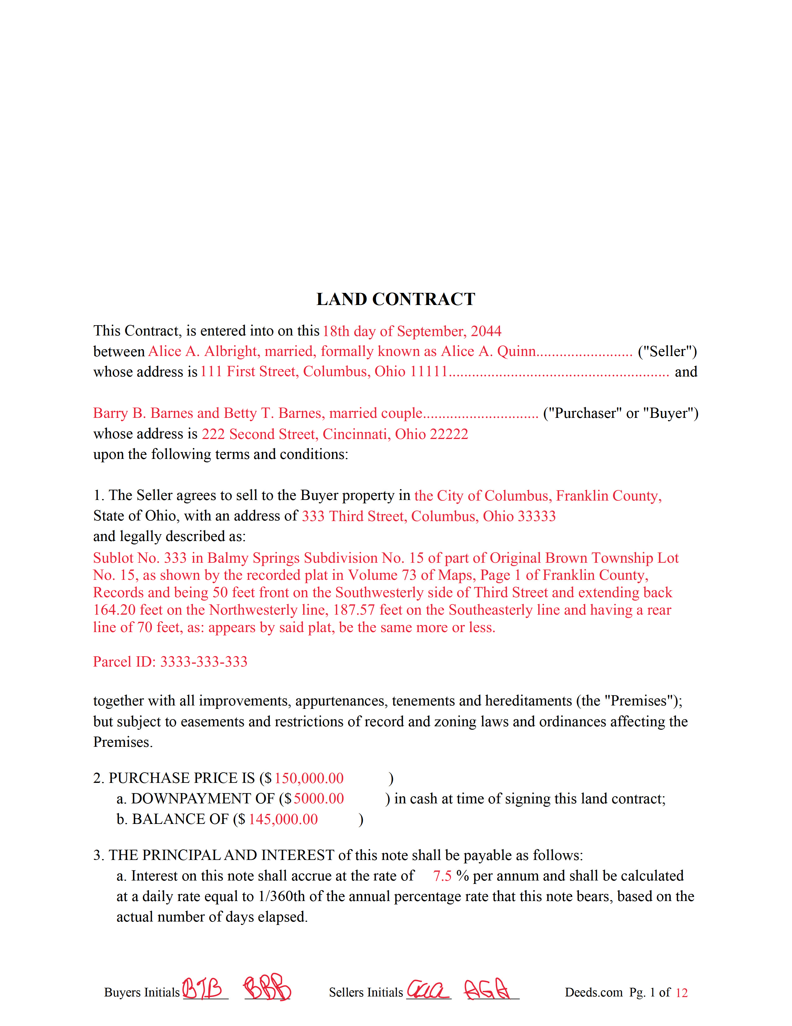 Jackson County Completed Example of the Land Contract Document