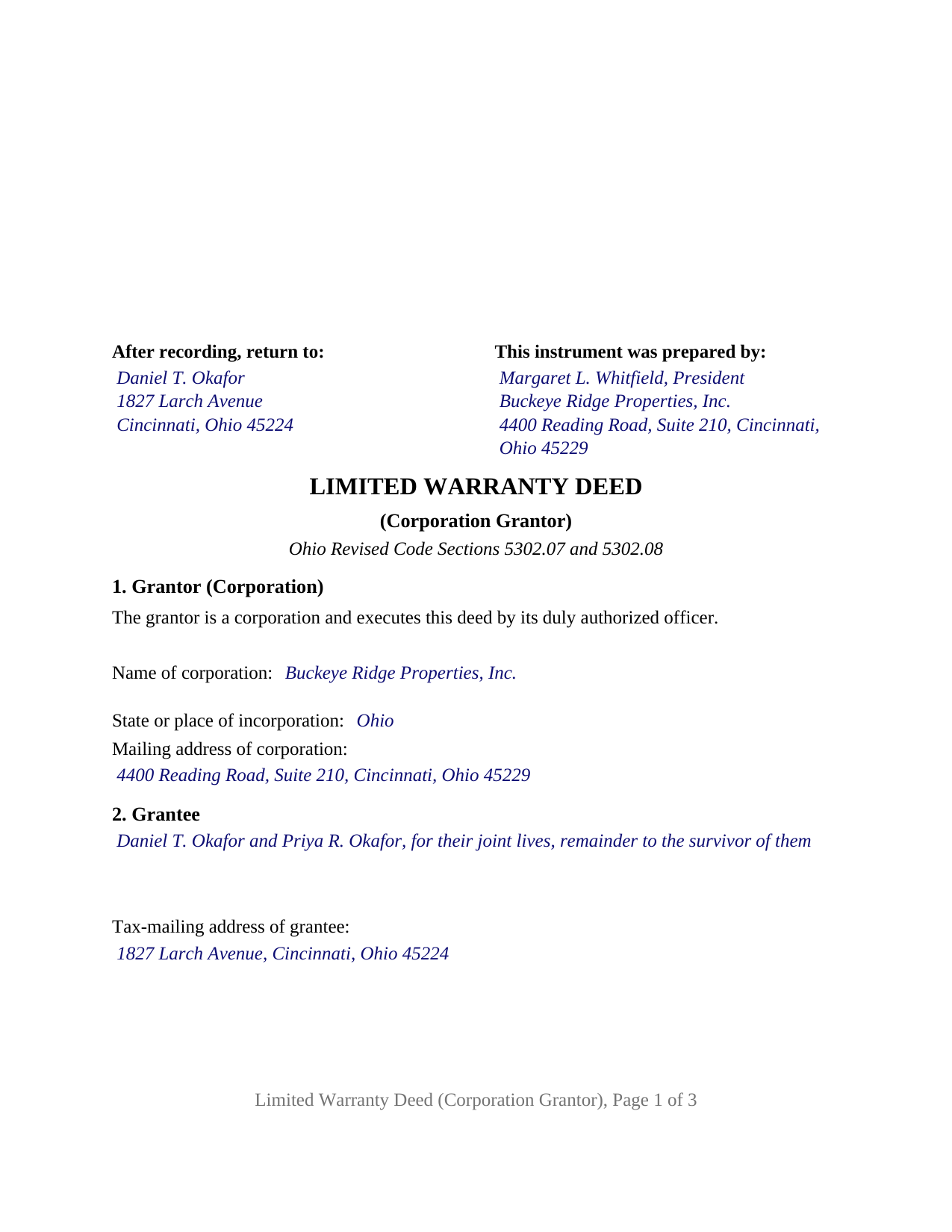 Morgan County Completed Example of the Limited Warranty Deed (Corporation Grantor) Document