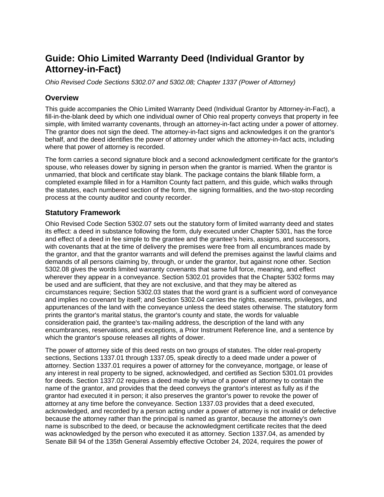 Morgan County Limited Warranty Deed (Individual Grantor by Attorney-in-Fact) Guide