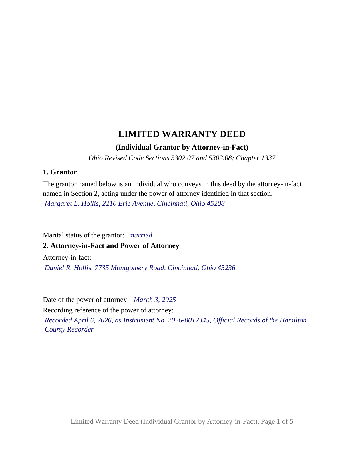 Morgan County Completed Example of the Limited Warranty Deed (Individual Grantor by Attorney-in-Fact) Document