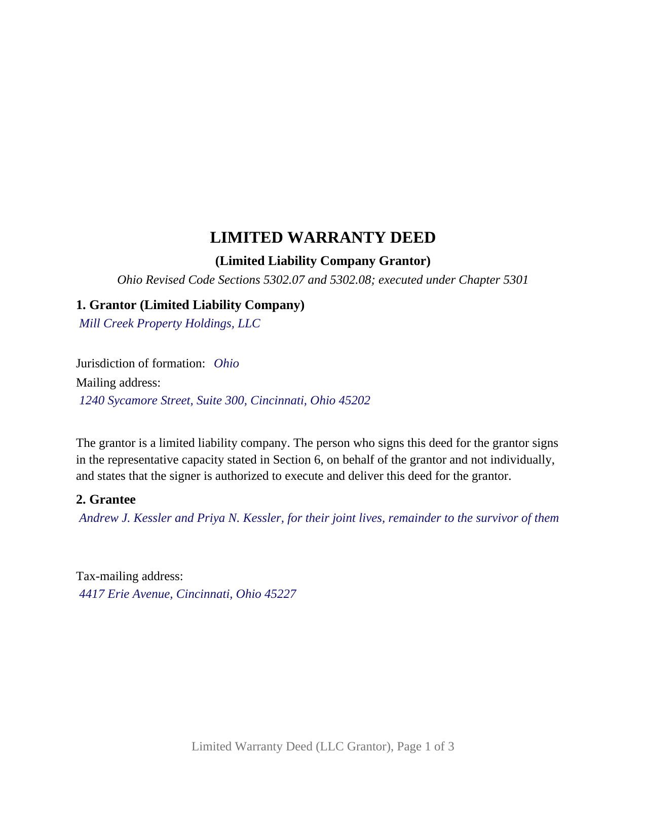 Morgan County Completed Example of the Limited Warranty Deed (LLC Grantor) Document