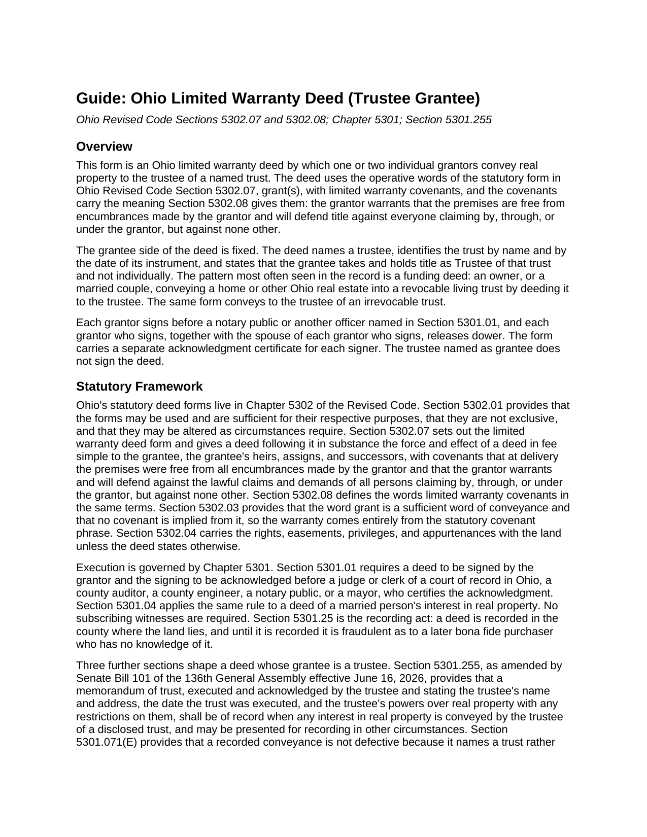 Morgan County Limited Warranty Deed (Trustee Grantee) Guide