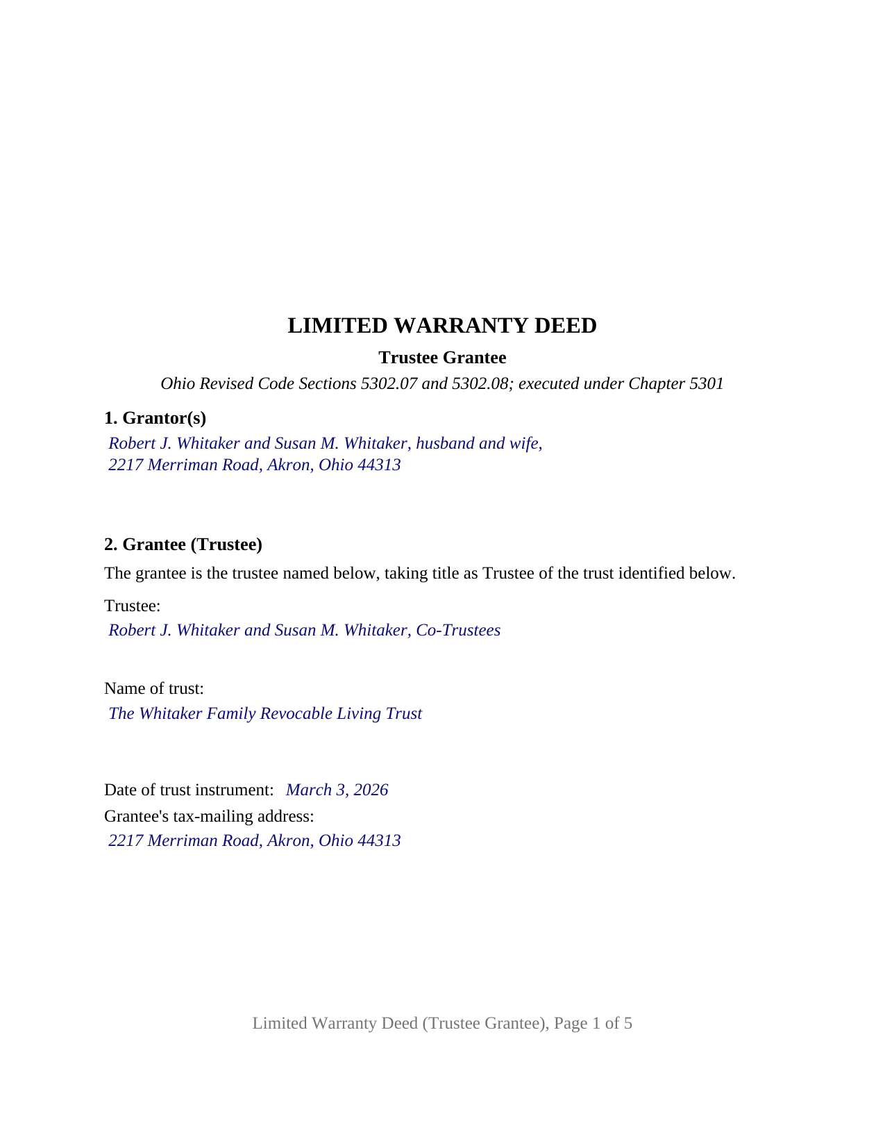 Morgan County Completed Example of the Limited Warranty Deed (Trustee Grantee) Document
