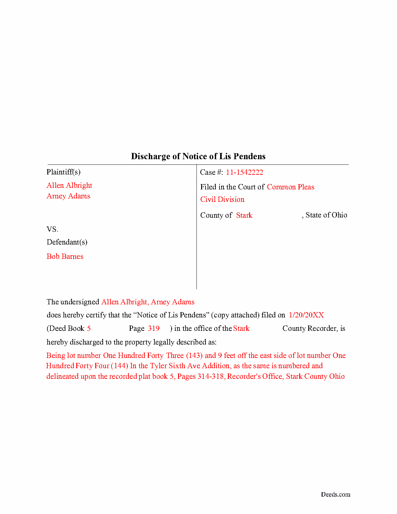 Hocking County Completed Example of the Lis Pendens Discharge Document