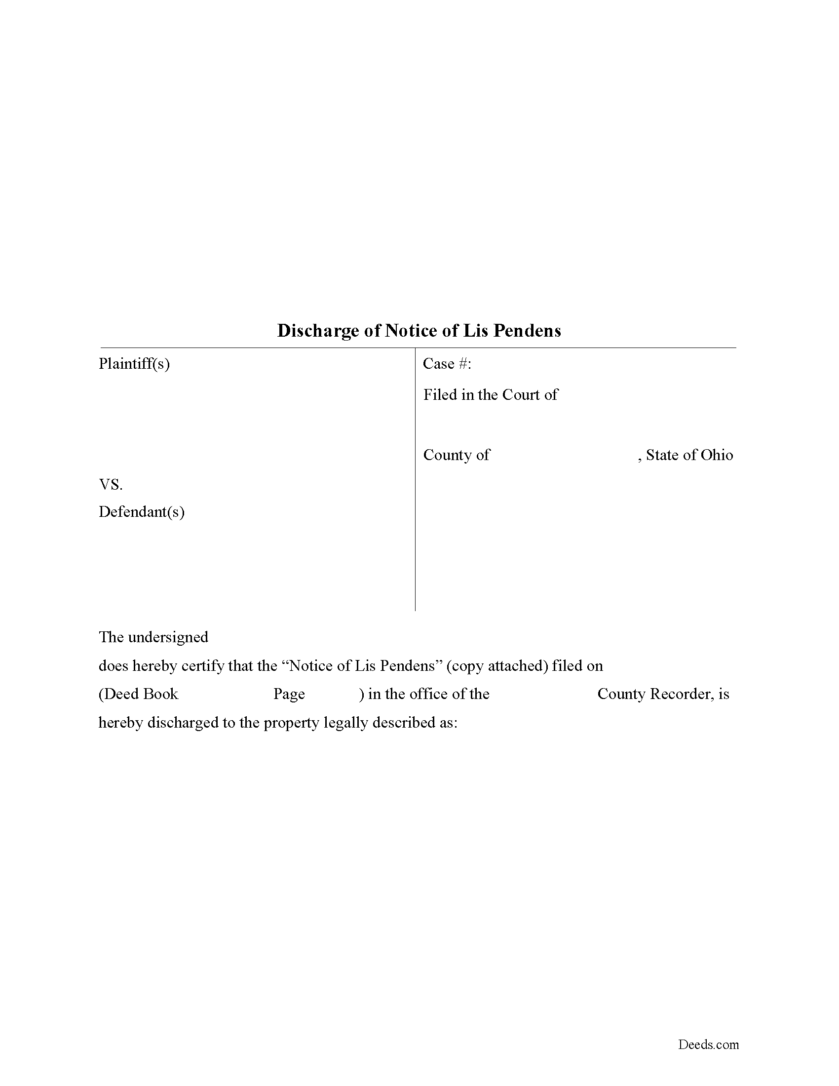 Hocking County Lis Pendens Discharge Form