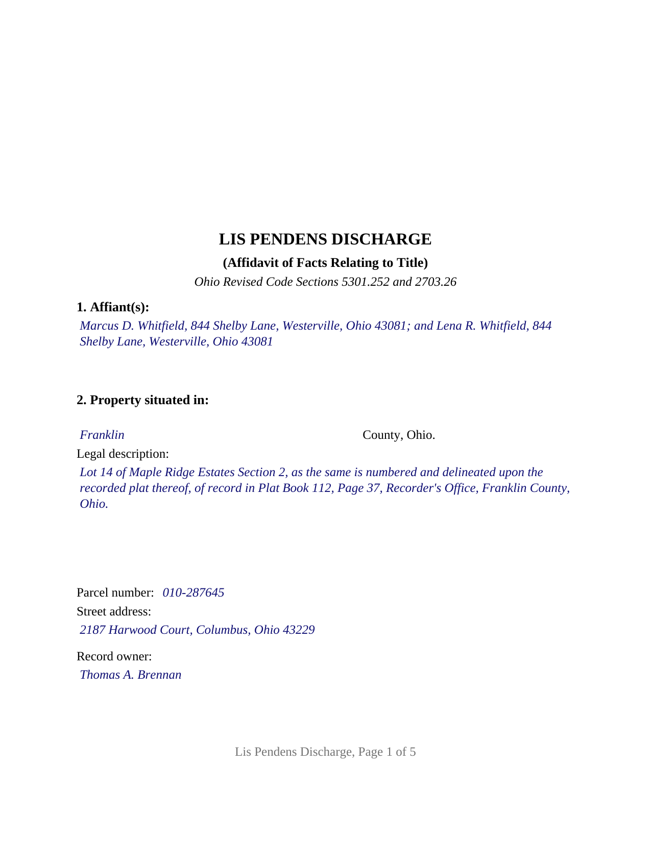 Gallia County Completed Example of the Lis Pendens Discharge Document