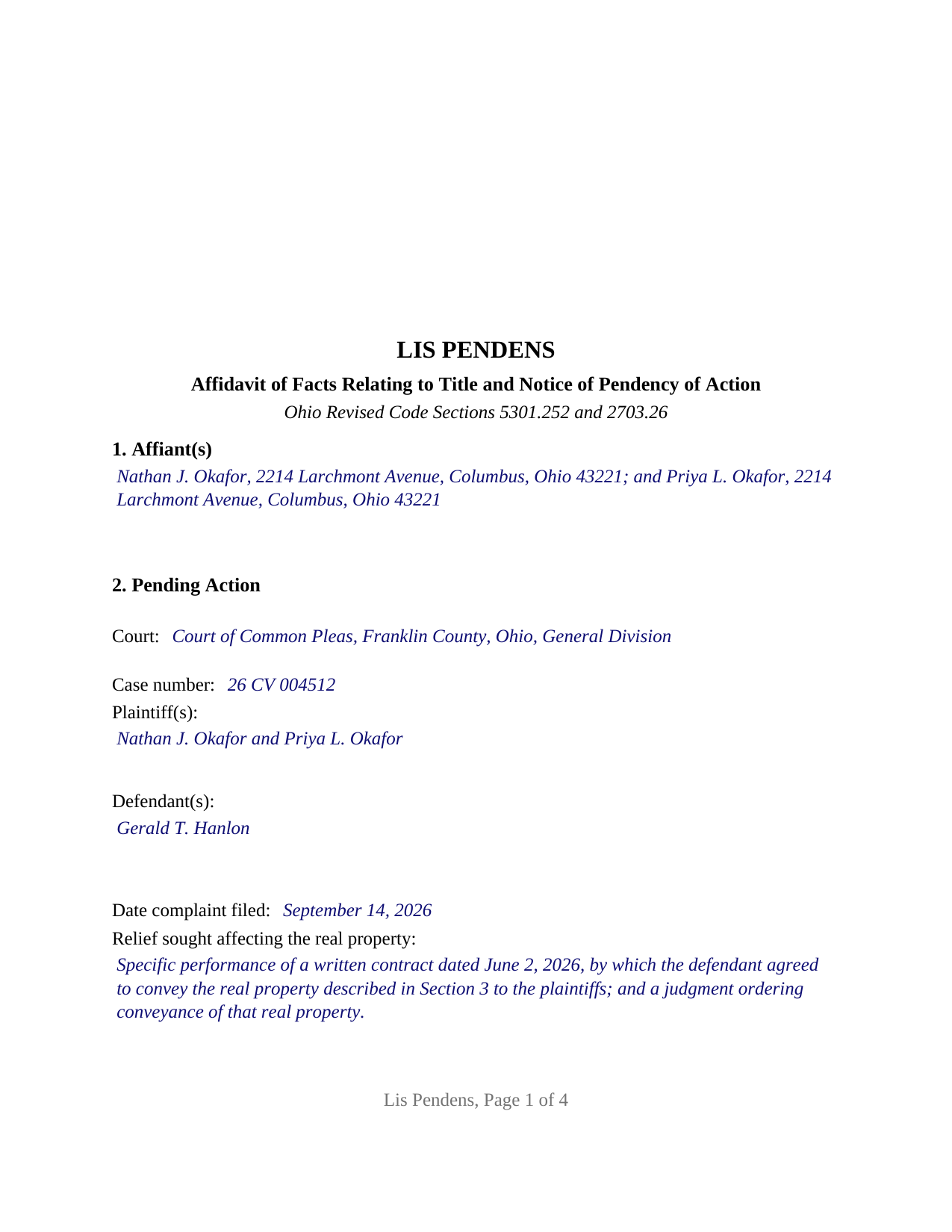 Gallia County Completed Example of the Lis Pendens Document