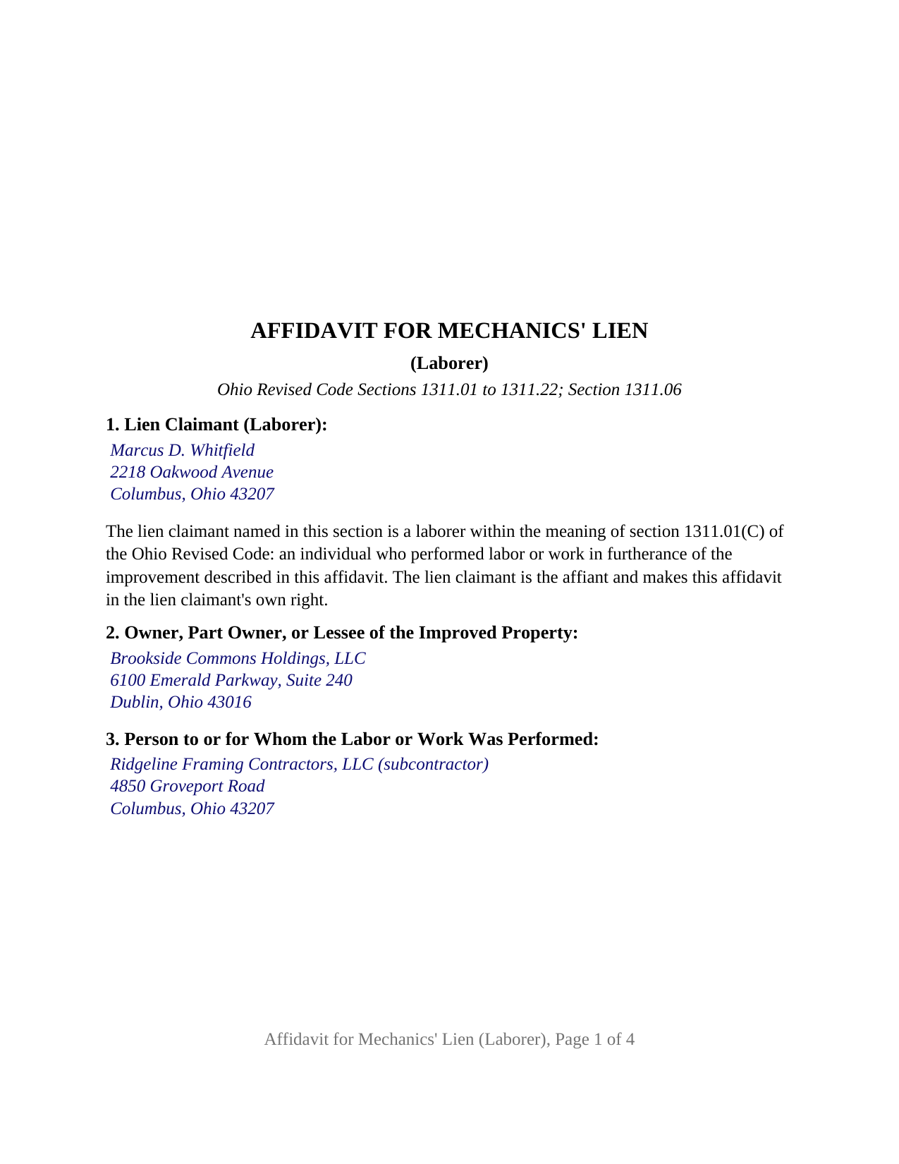 Jefferson County Completed Example of the Mechanics Lien (Laborer) Document