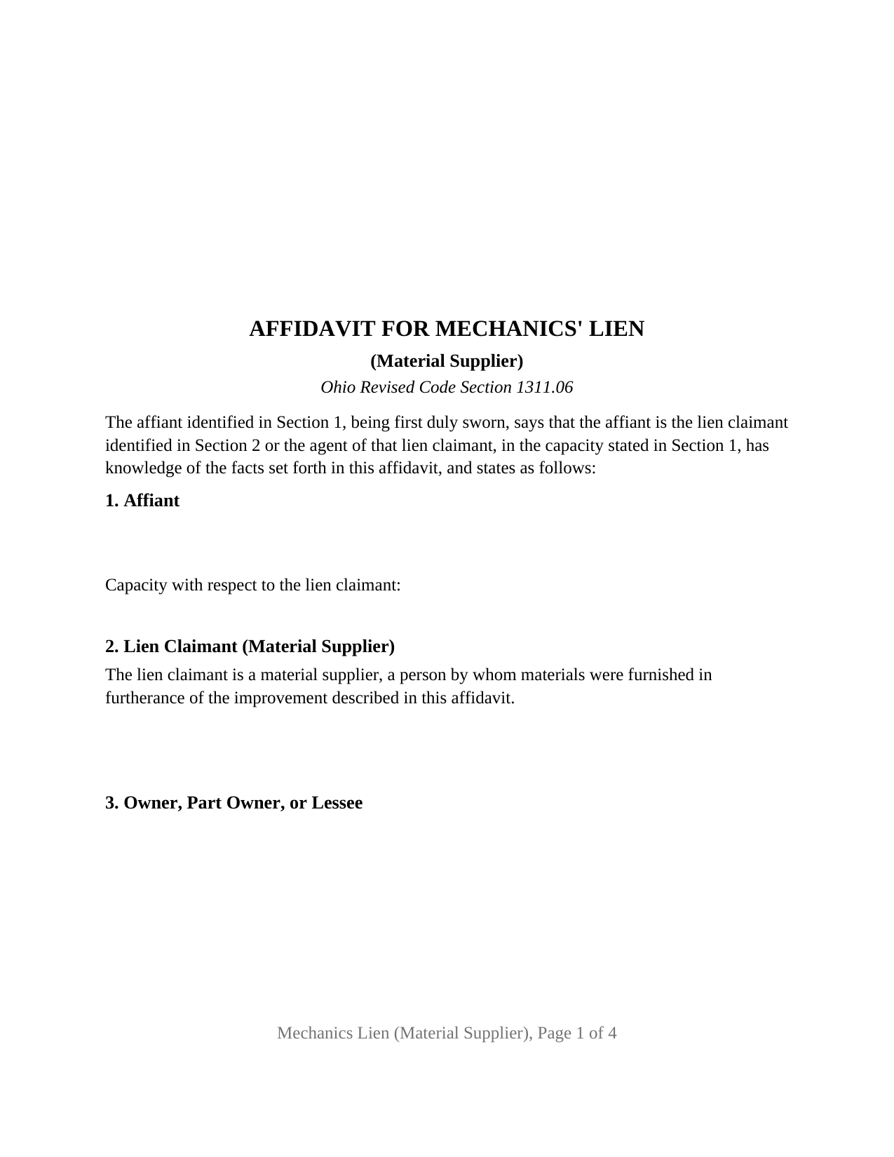 Washington County Mechanics Lien (Material Supplier) Form