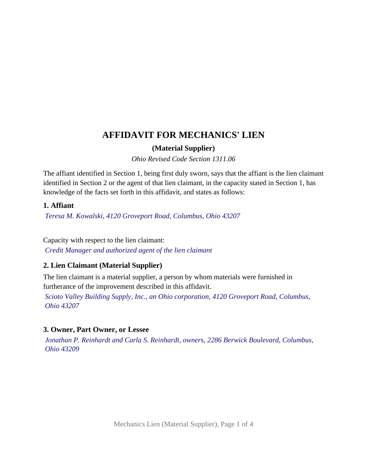 Washington County Completed Example of the Mechanics Lien (Material Supplier) Document
