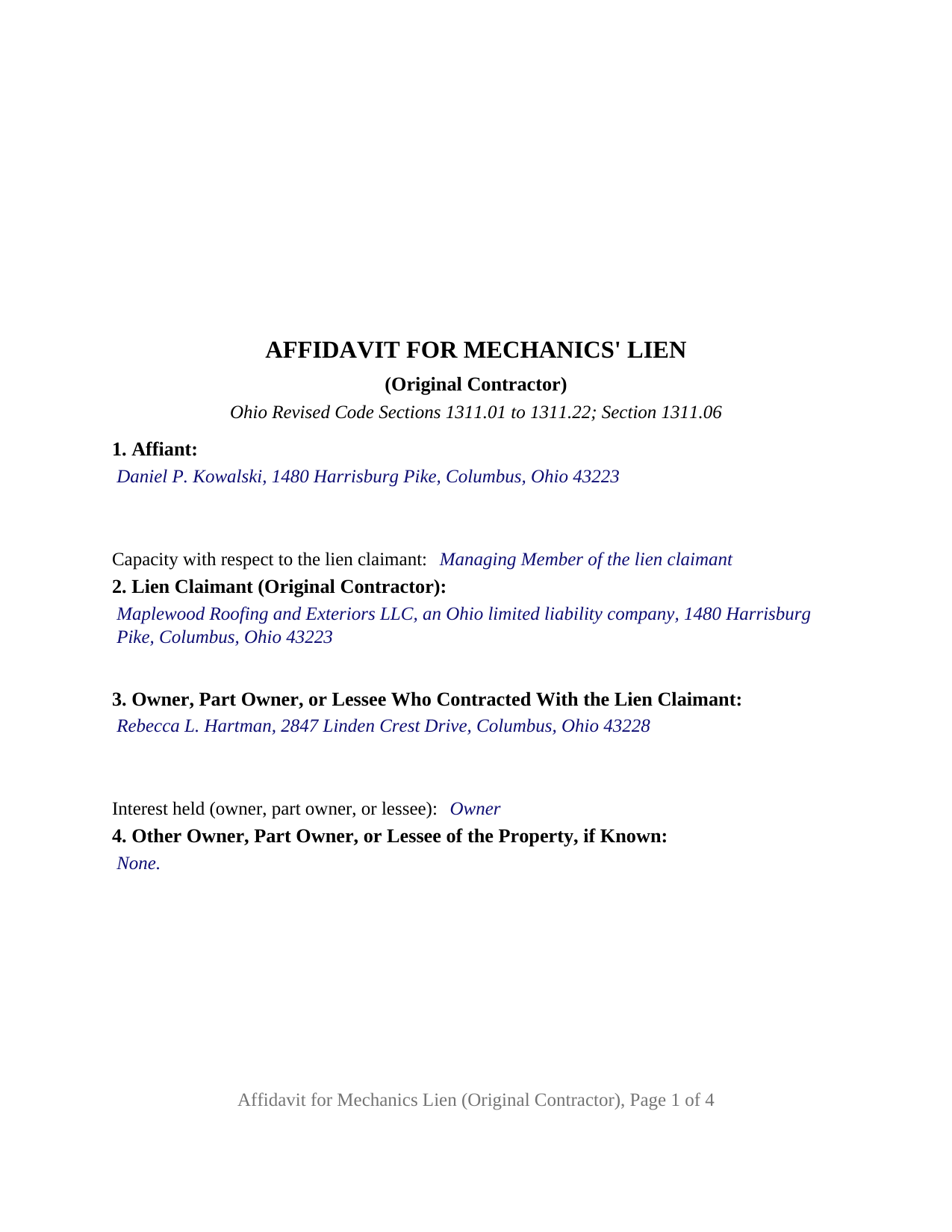 Washington County Completed Example of the Mechanics Lien (Original Contractor) Document