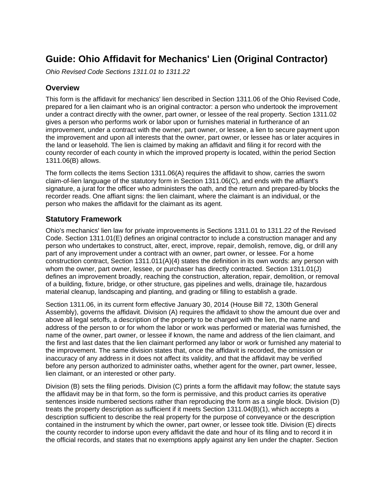 Washington County Mechanics Lien (Original Contractor) Guide