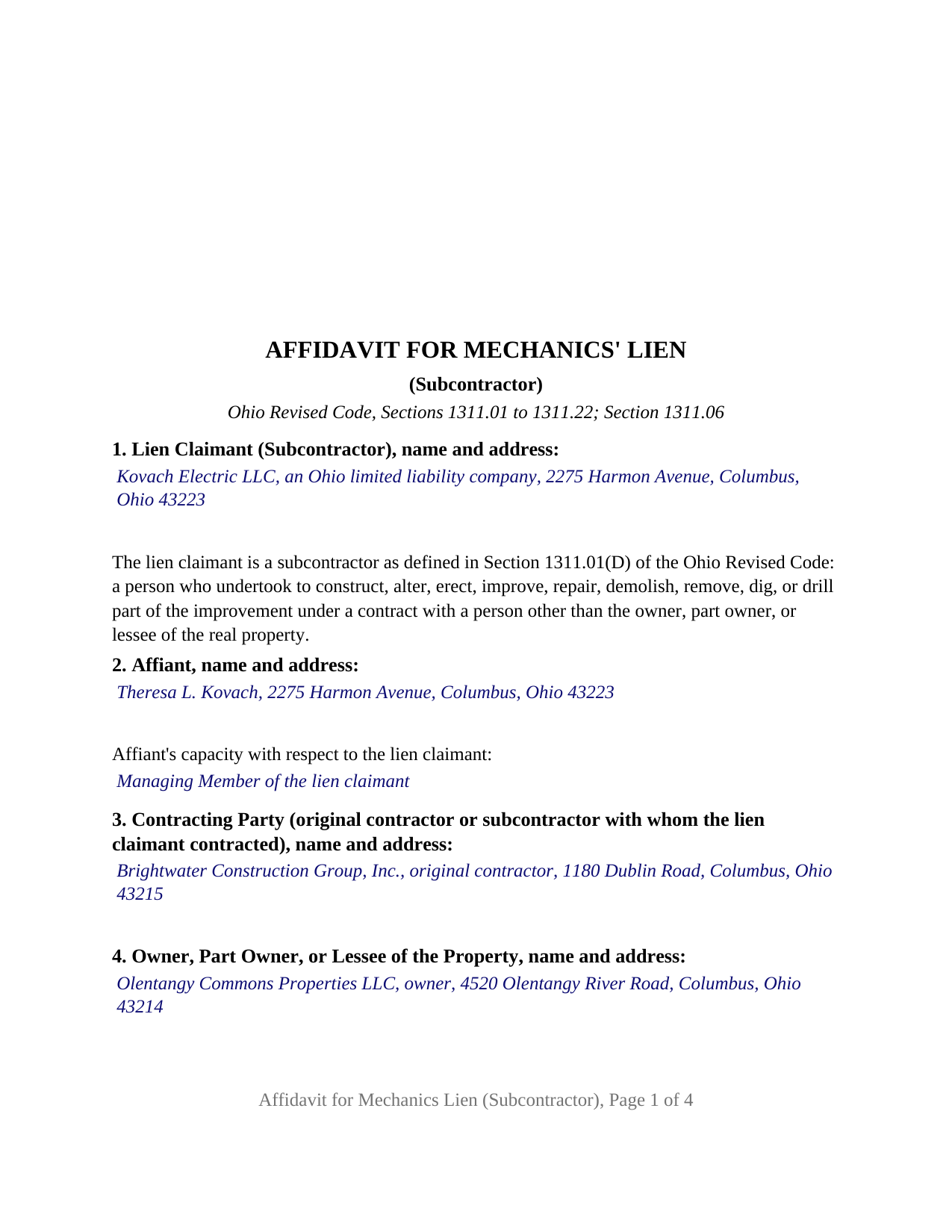 Darke County Completed Example of the Mechanics Lien (Subcontractor) Document