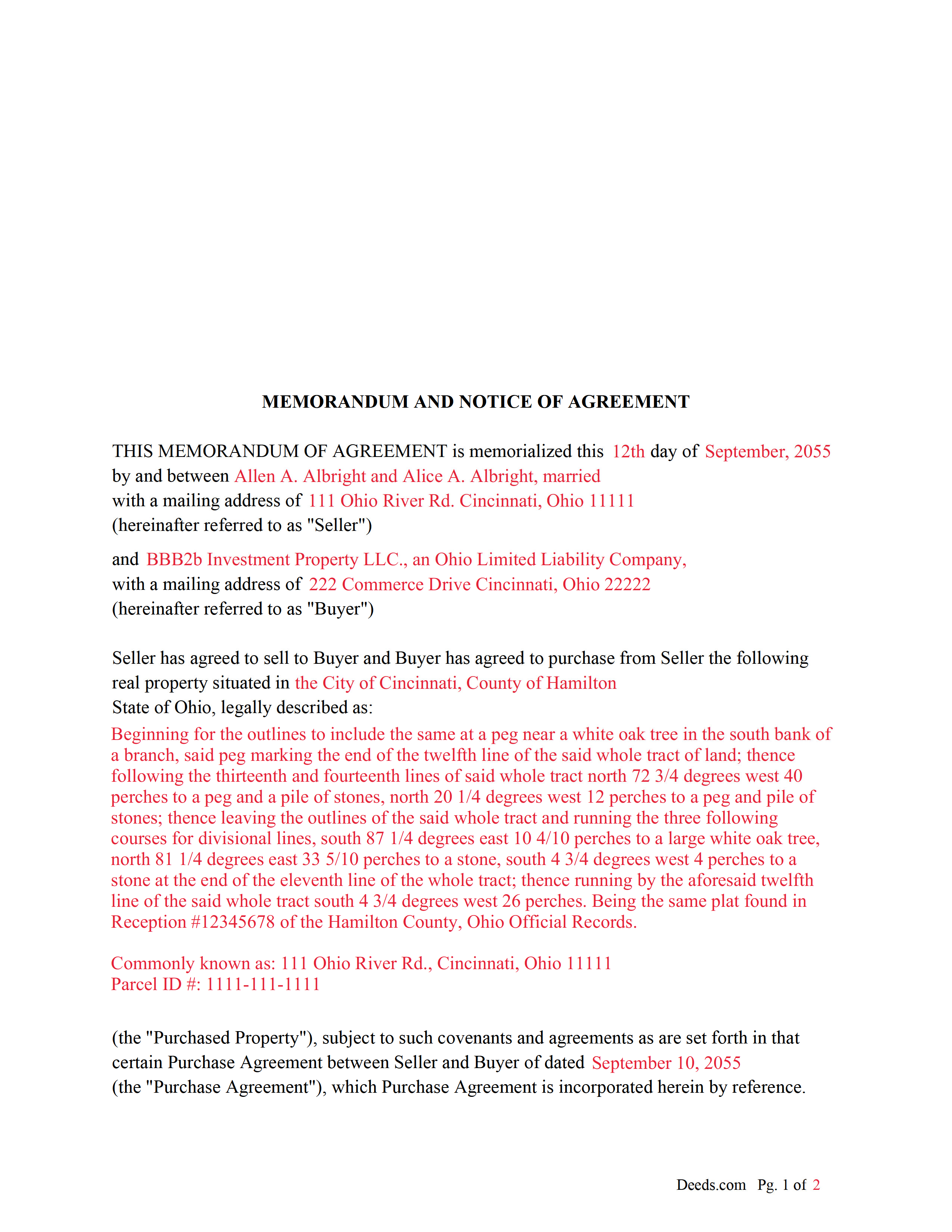Completed Example of the Memorandum and Notice of Agreement Document