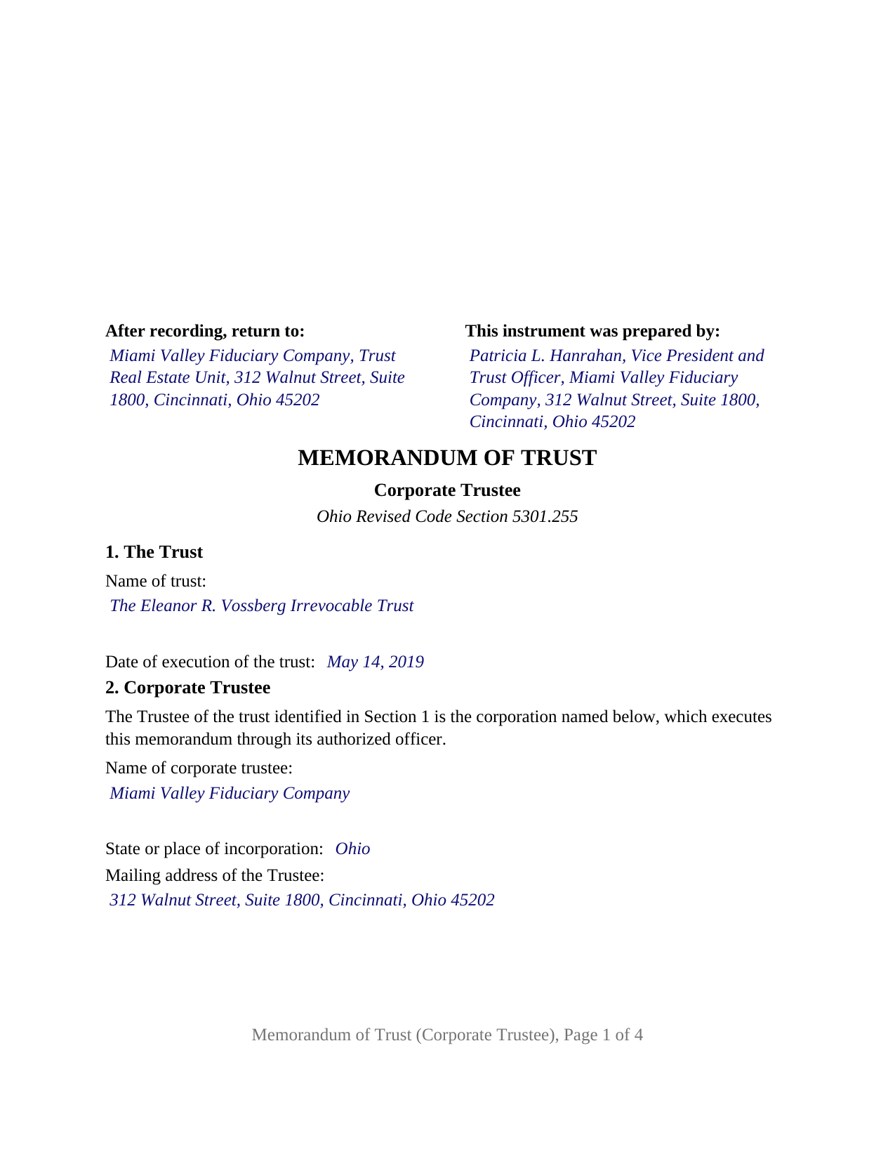 Hocking County Completed Example of the Memorandum of Trust (Corporate Trustee) Document