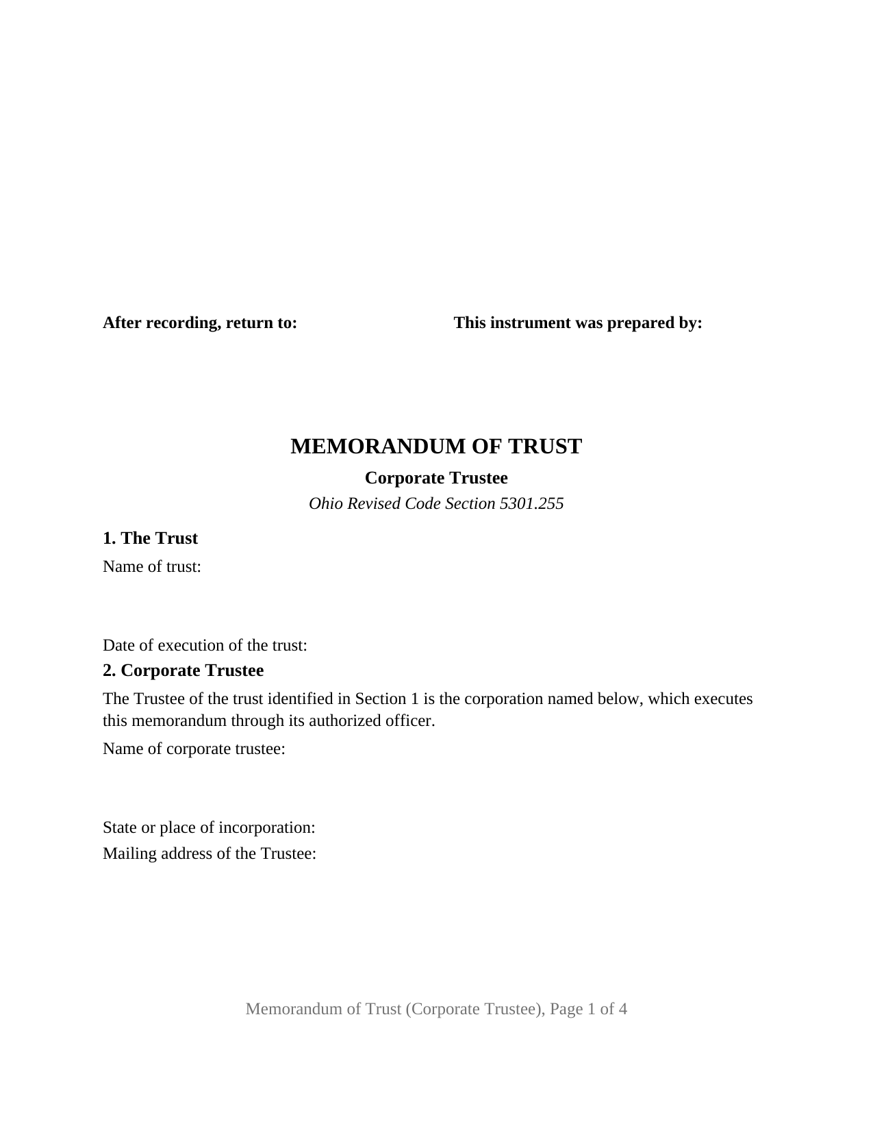 Hocking County Memorandum of Trust (Corporate Trustee) Form