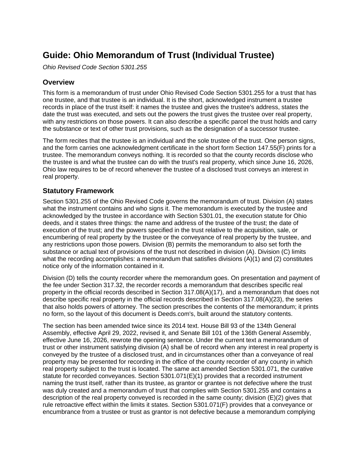 Wyandot County Memorandum of Trust (Individual Trustee) Guide