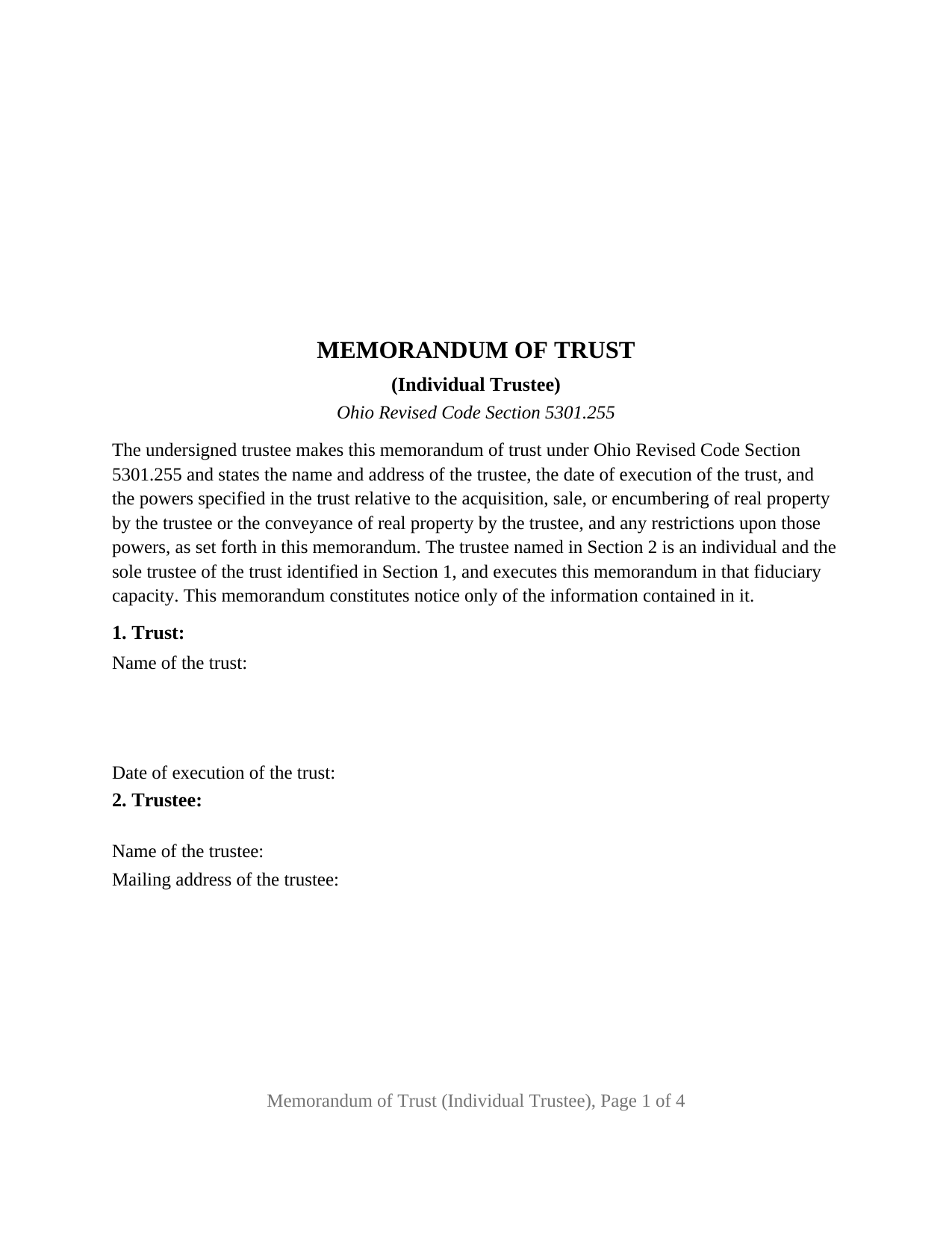 Wyandot County Memorandum of Trust (Individual Trustee) Form