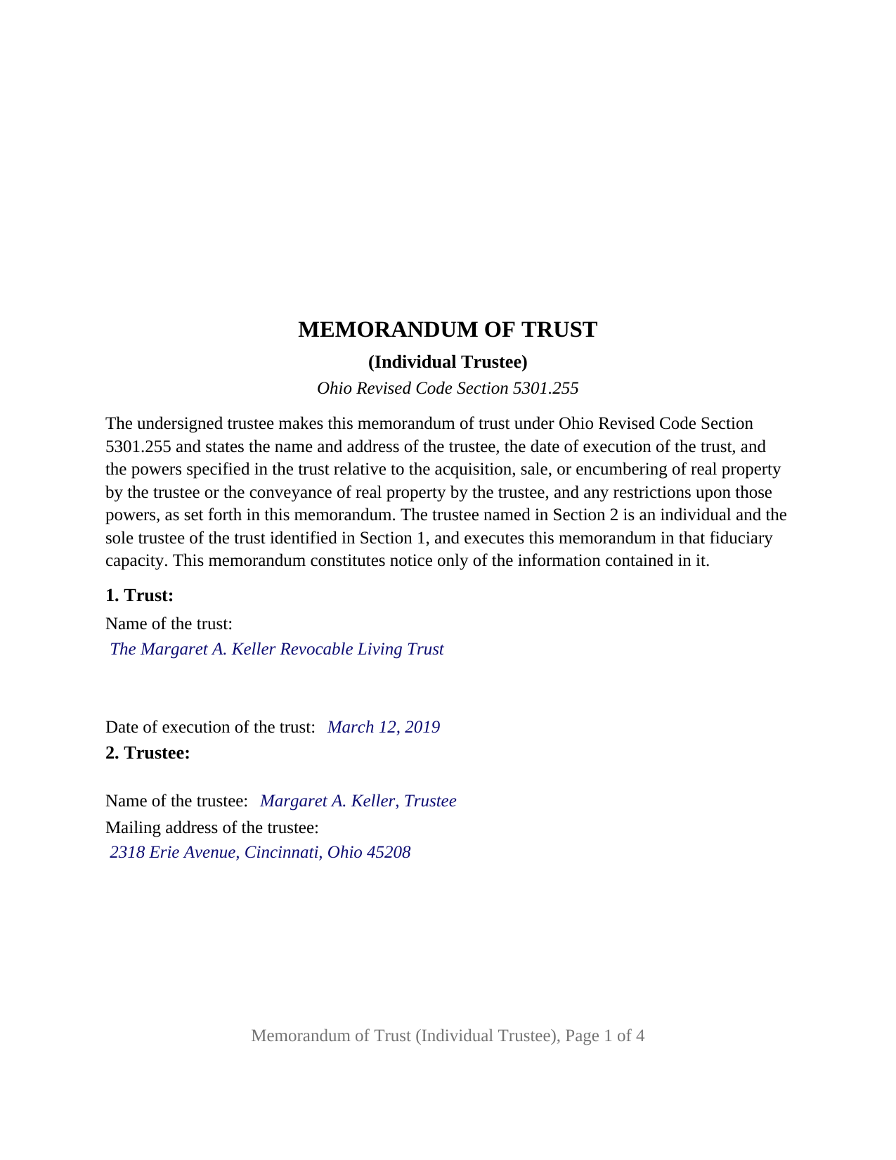 Wyandot County Completed Example of the Memorandum of Trust (Individual Trustee) Document