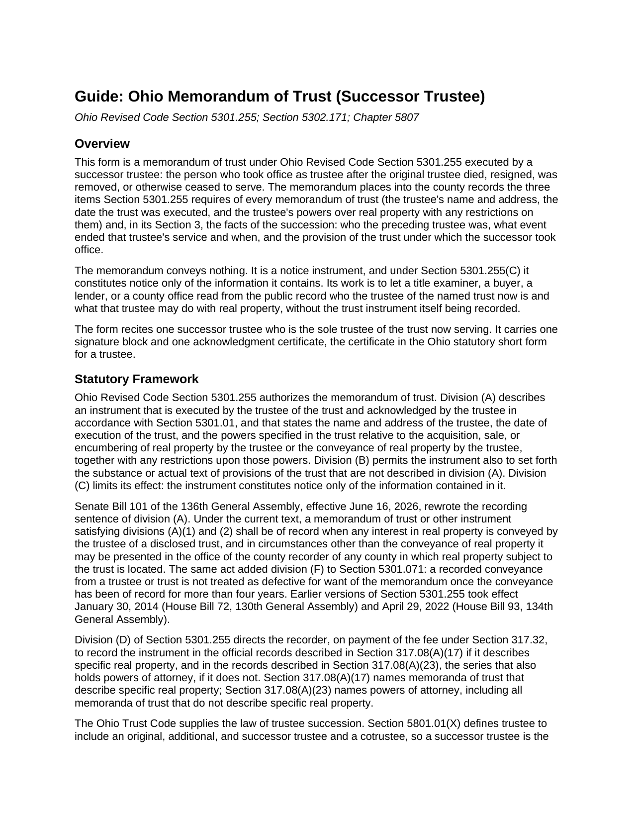 Wyandot County Memorandum of Trust (Successor Trustee) Guide