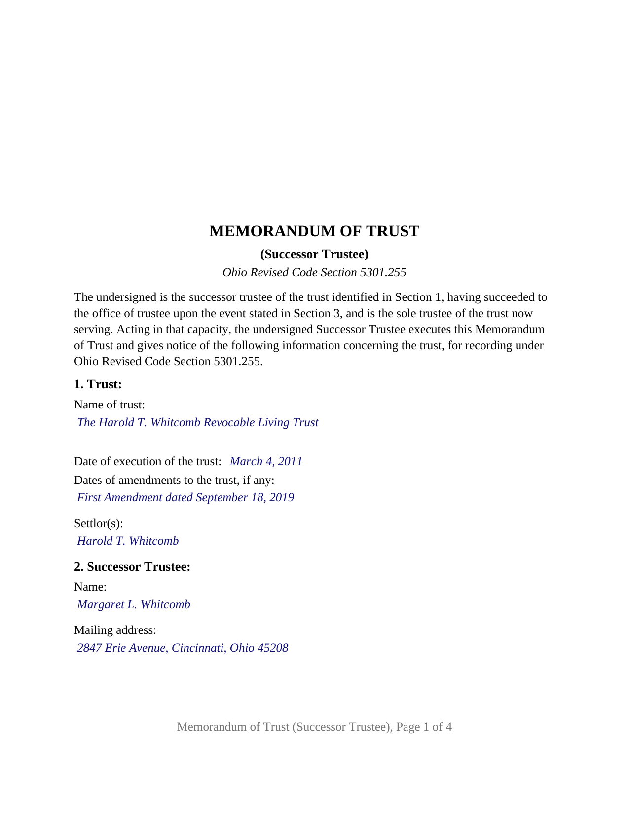 Wyandot County Completed Example of the Memorandum of Trust (Successor Trustee) Document