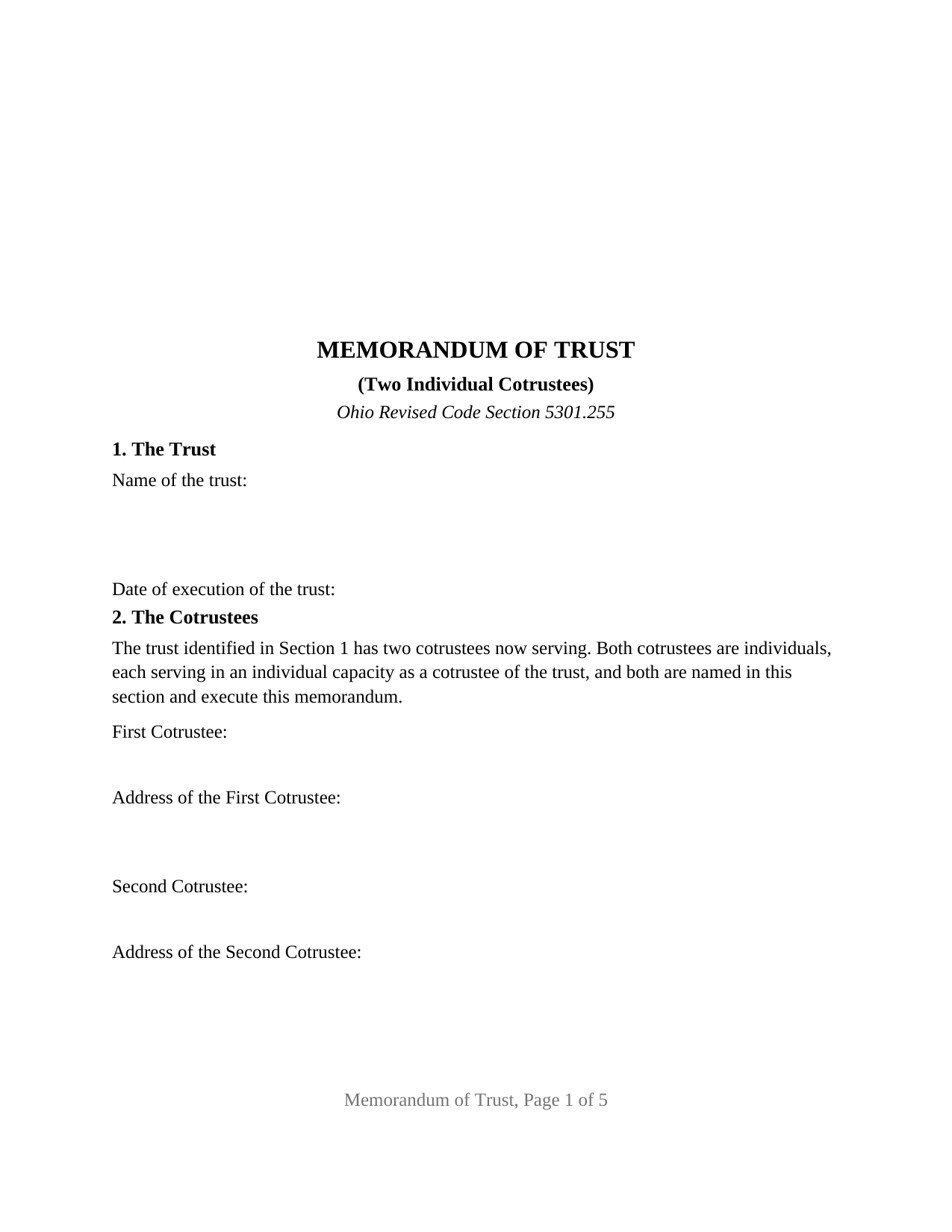 Wyandot County Memorandum of Trust (Two Individual Cotrustees) Form