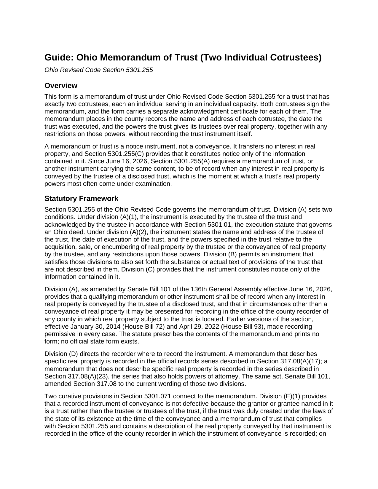 Wyandot County Memorandum of Trust (Two Individual Cotrustees) Guide