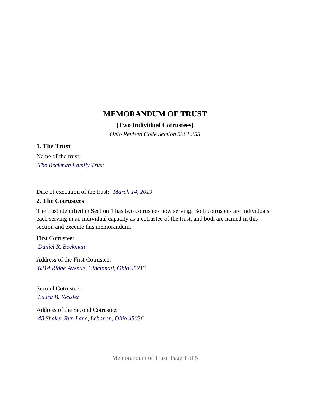 Wyandot County Completed Example of the Memorandum of Trust (Two Individual Cotrustees) Document