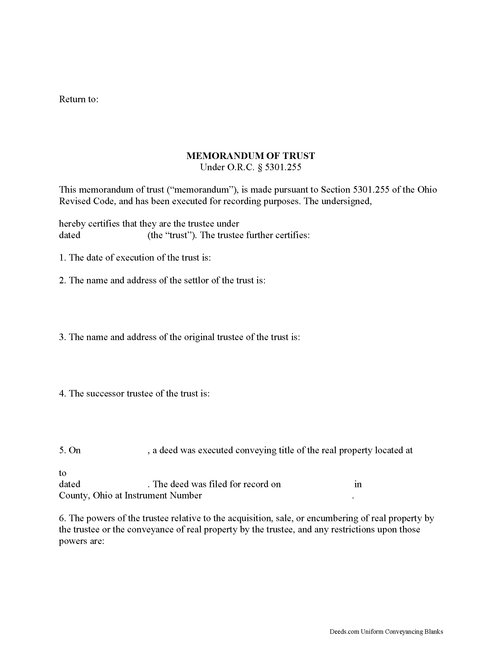 Pickaway County Memorandum of Trust Form