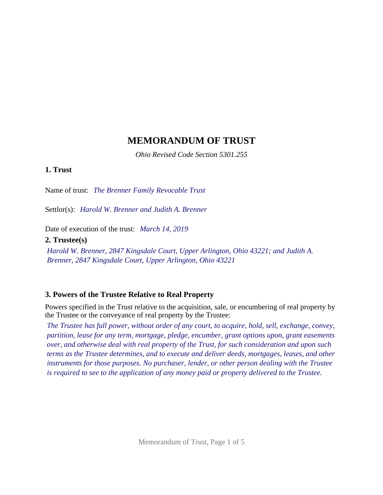 Harrison County Completed Example of the Memorandum of Trust Document