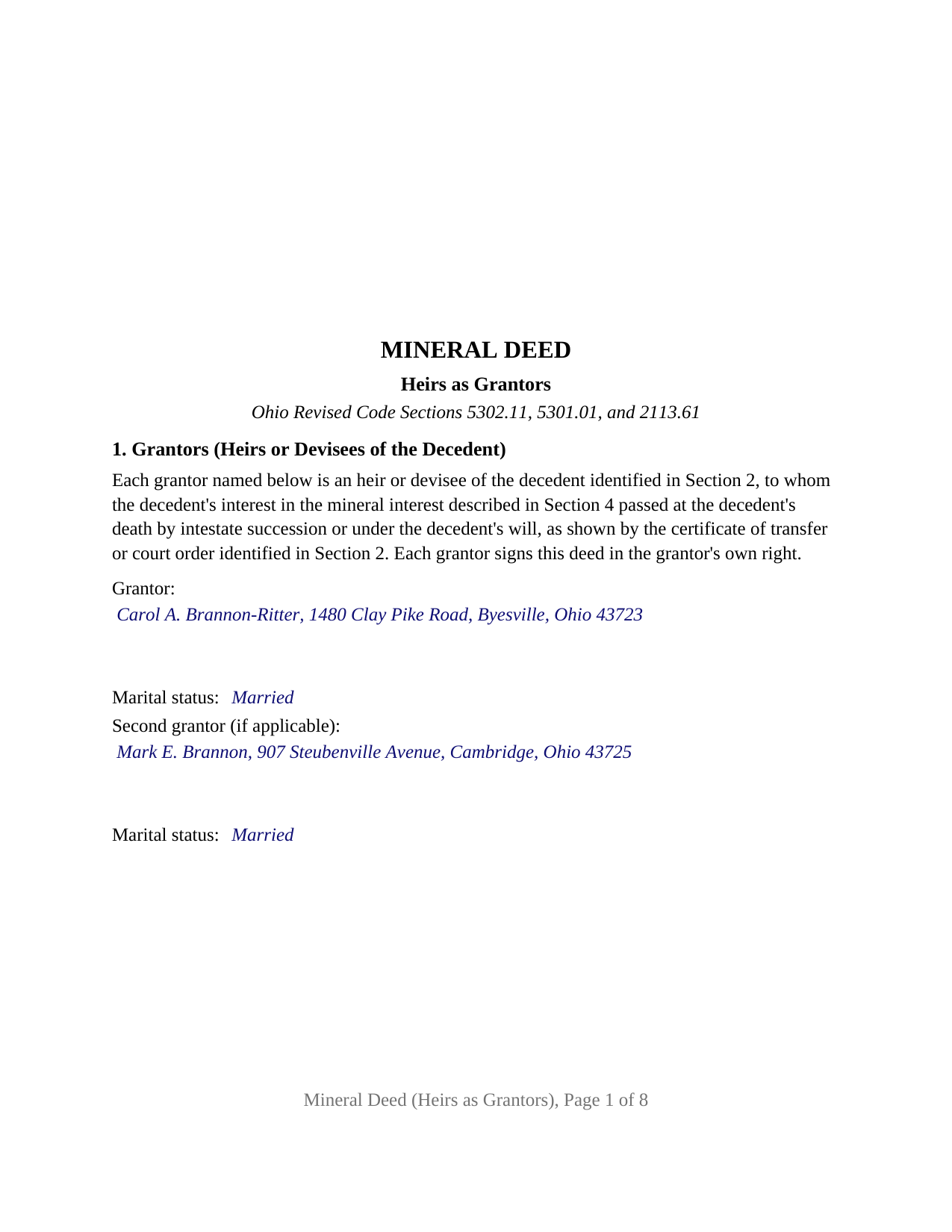 Lorain County Completed Example of the Mineral Deed (Heirs as Grantors) Document