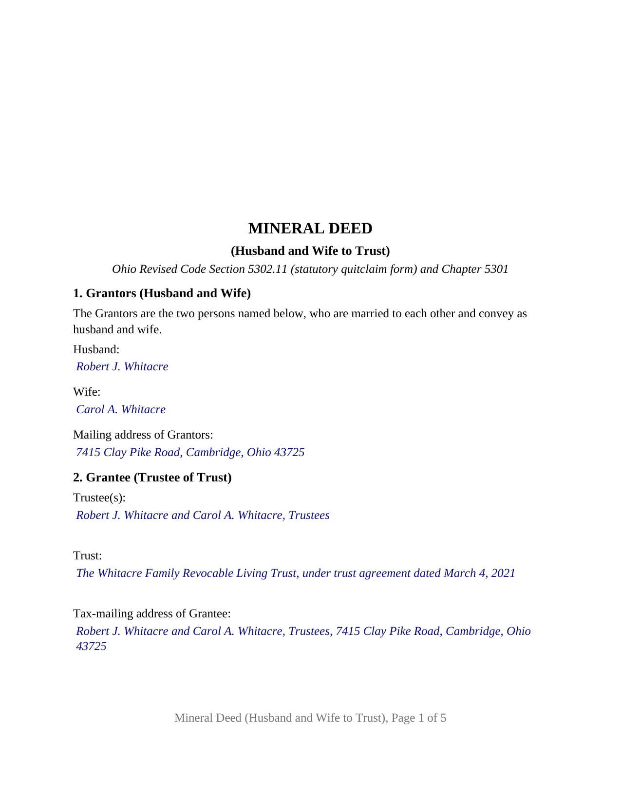 Erie County Completed Example of the Mineral Deed (Husband and Wife to Trust) Document