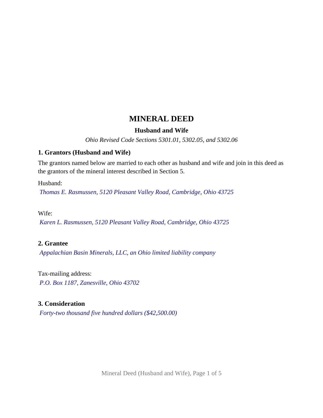 Erie County Completed Example of the Mineral Deed (Husband and Wife) Document