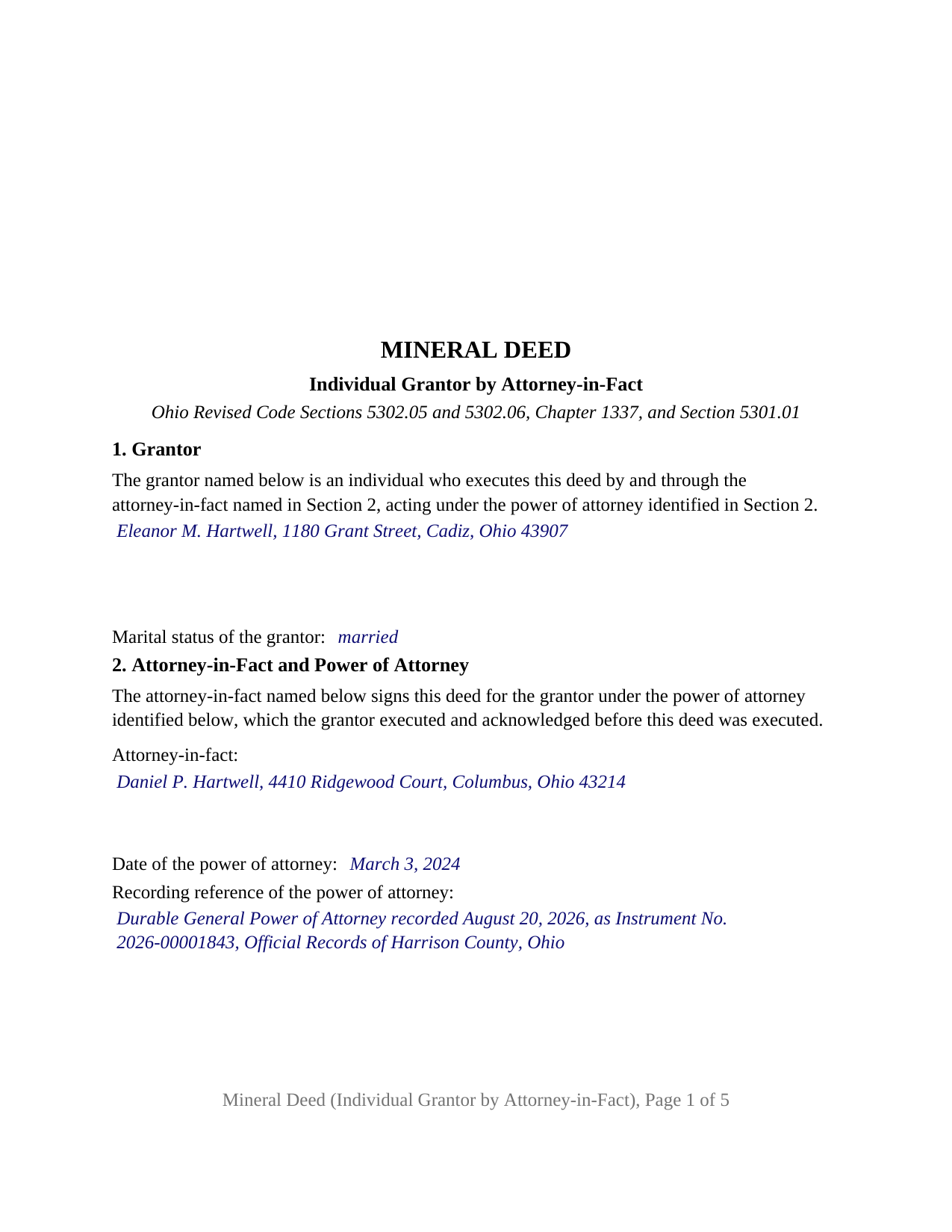 Champaign County Completed Example of the Mineral Deed (Individual Grantor by Attorney-in-Fact or POA) Document