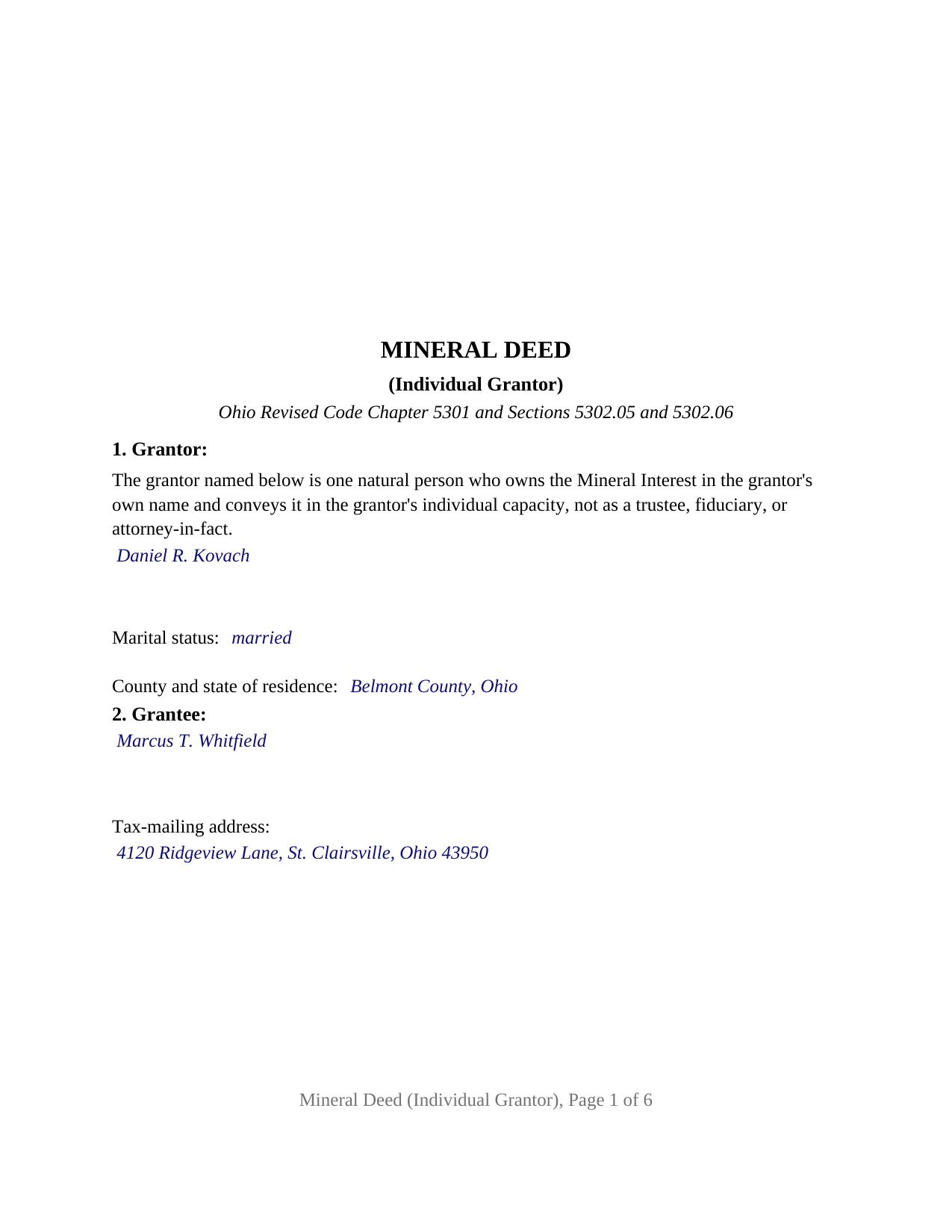 Clinton County Completed Example of the Mineral Deed (Individual Grantor) Document